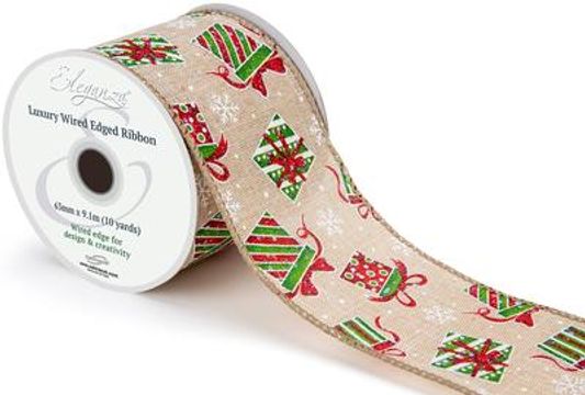 Eleganza Wired Edge Christmas Shimmering Presents No.472 63mm x 9.1m - Christmas Ribbon
