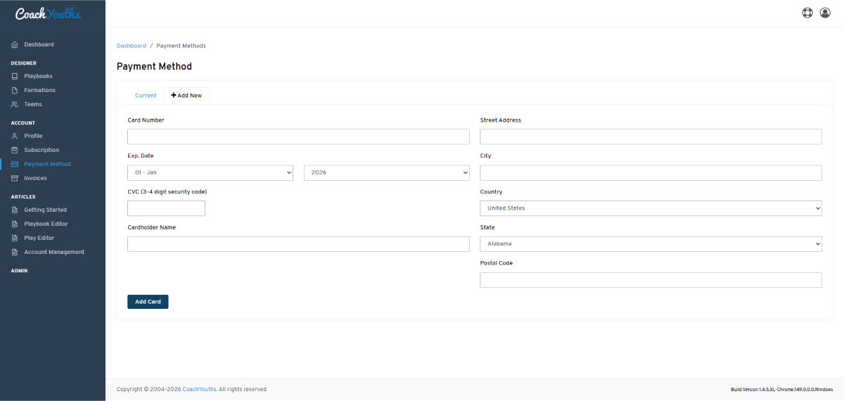 Manage Payment Methods - Add New Card
