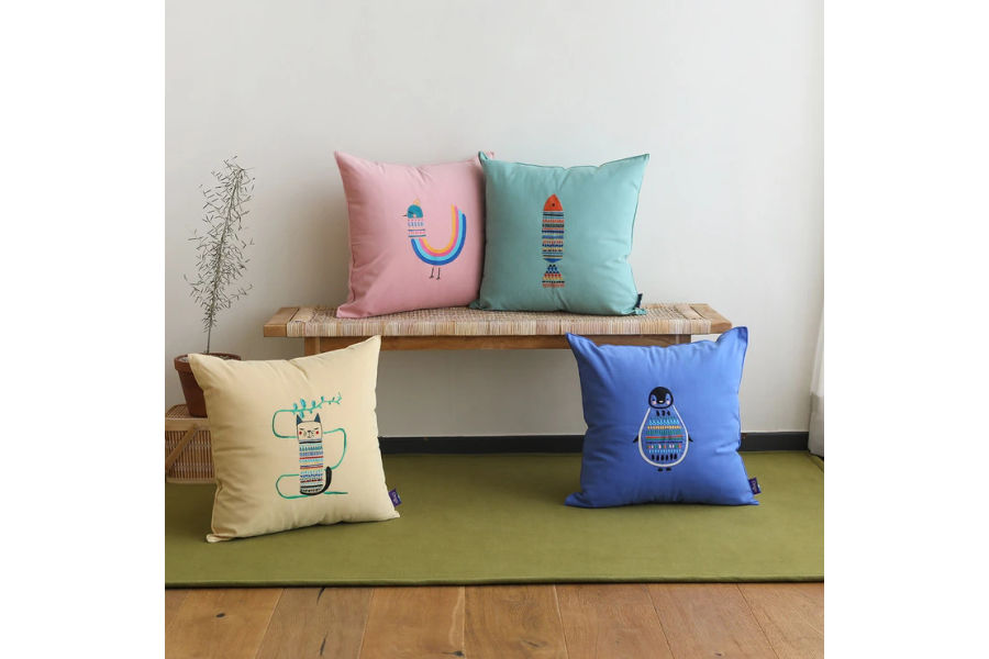 오리고 면 자수 쿠션 50x50cm