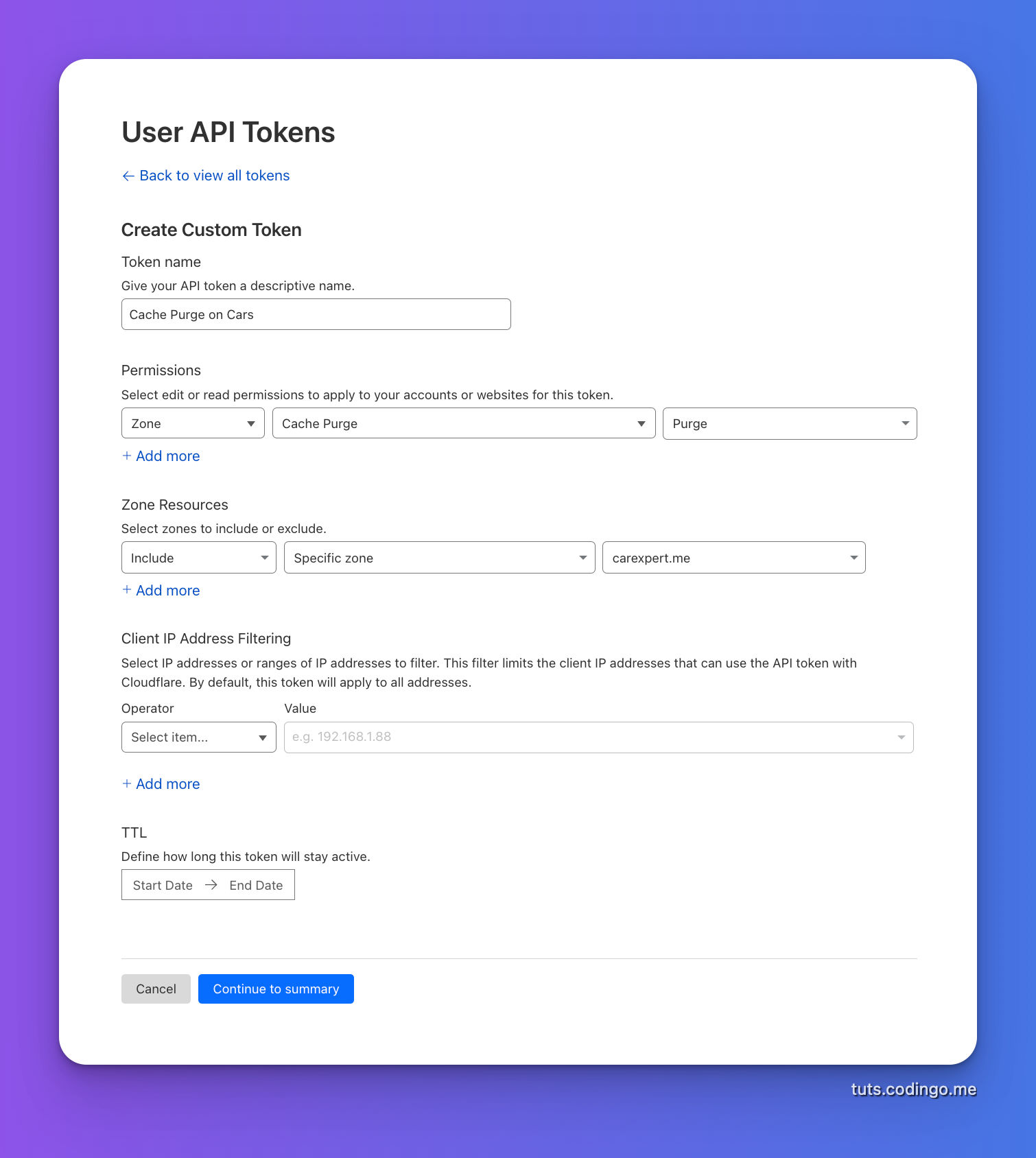 API token configuration