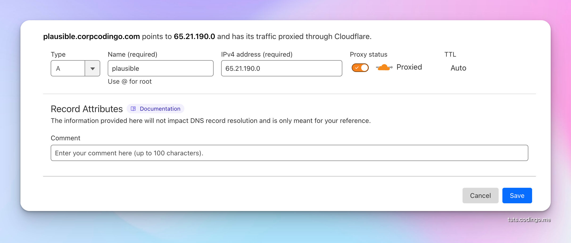 Configuring DNS record on Cloudflare for Plausible