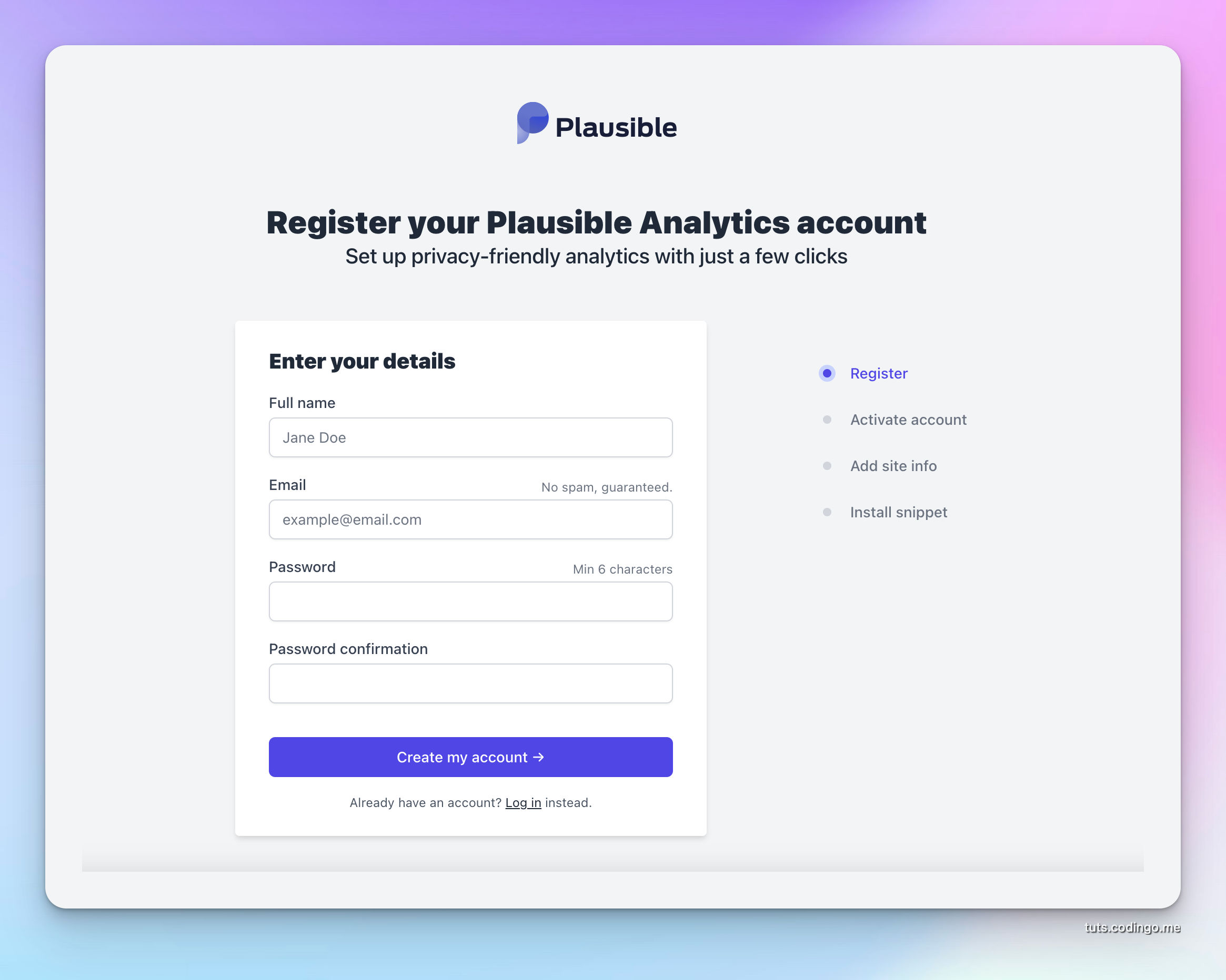 Registering on self-hosted Plausible