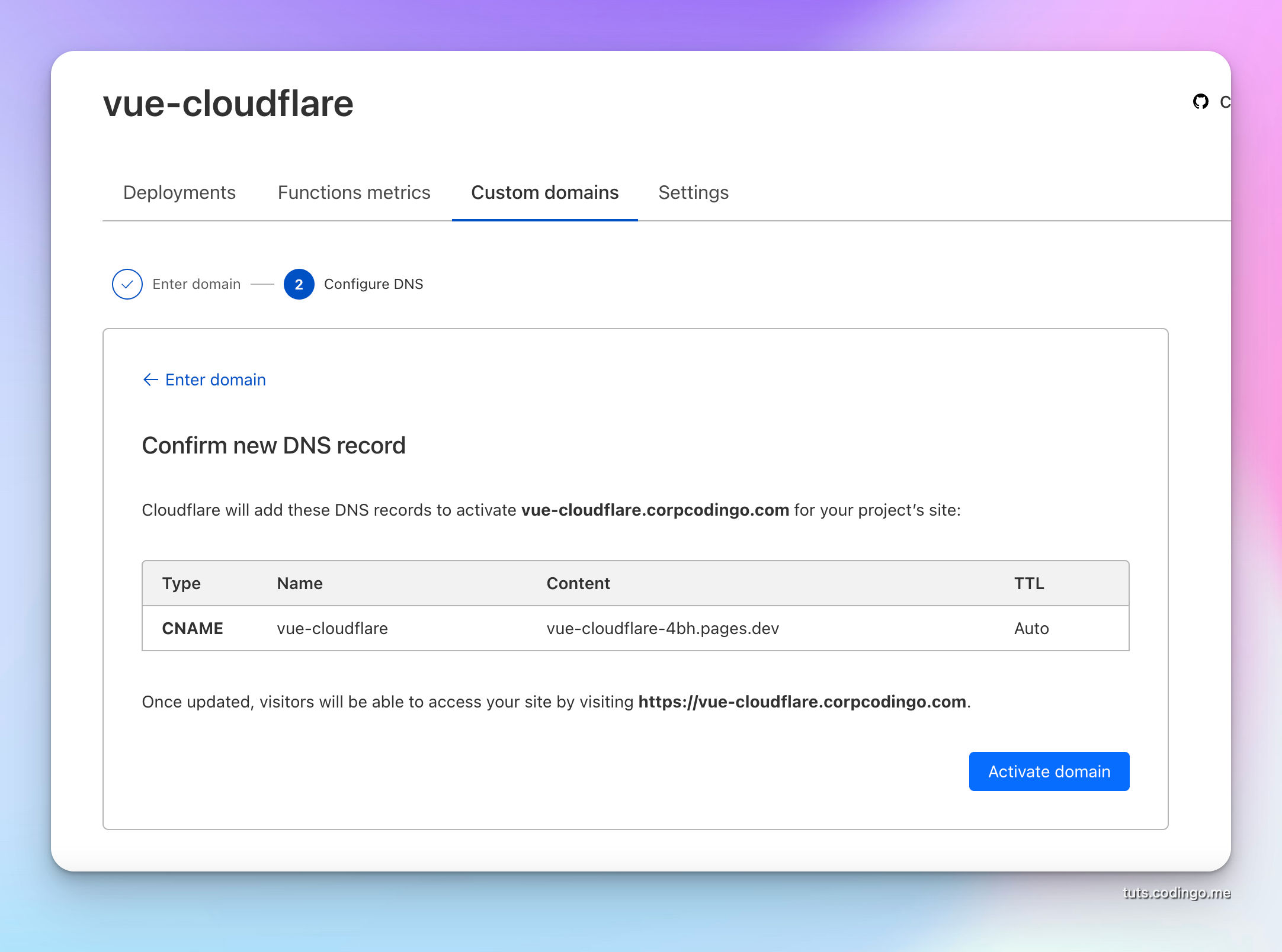 Confirm new DNS record for custom domain