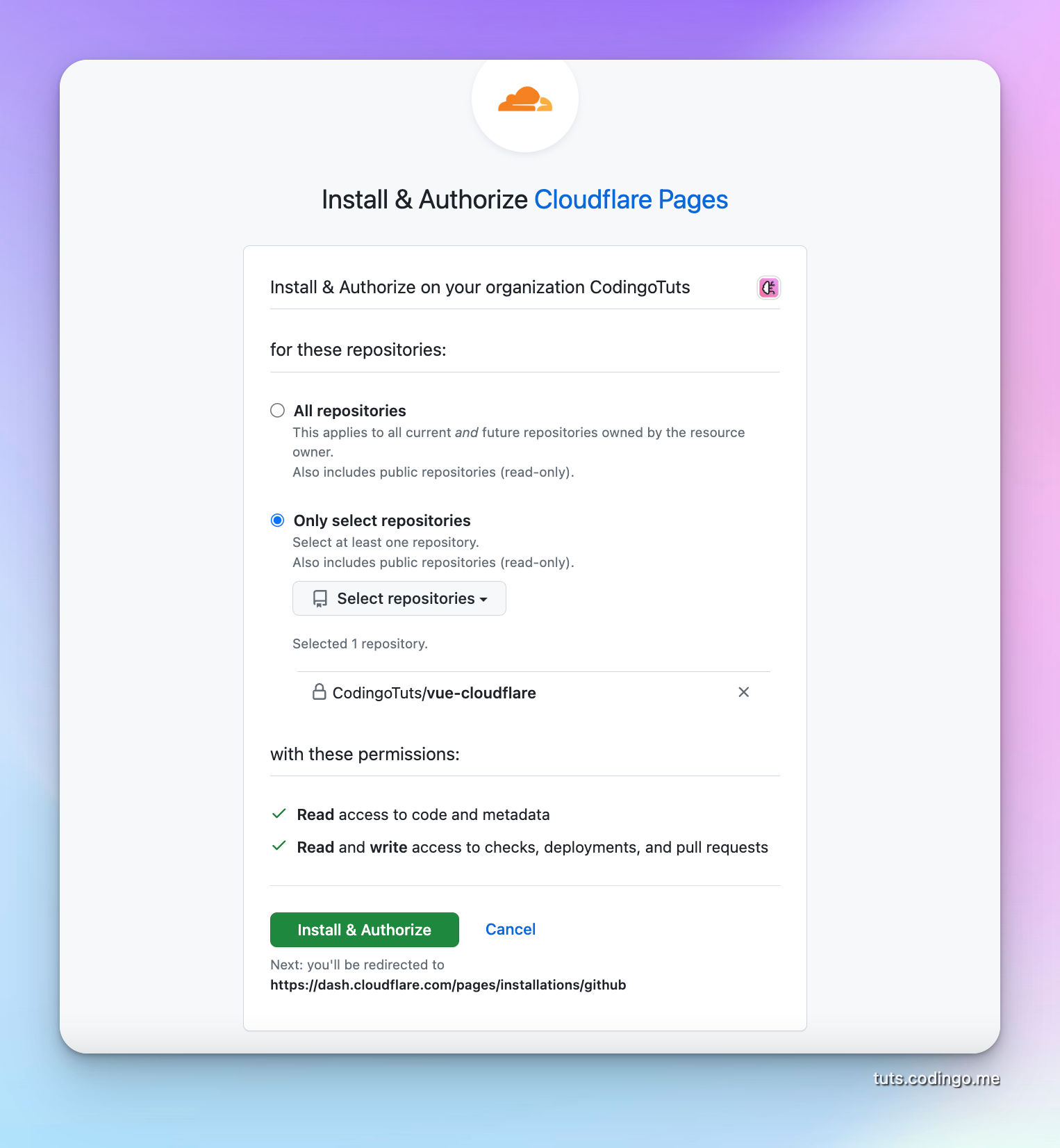 Install & Authorize Cloudflare Pages app in Github repo