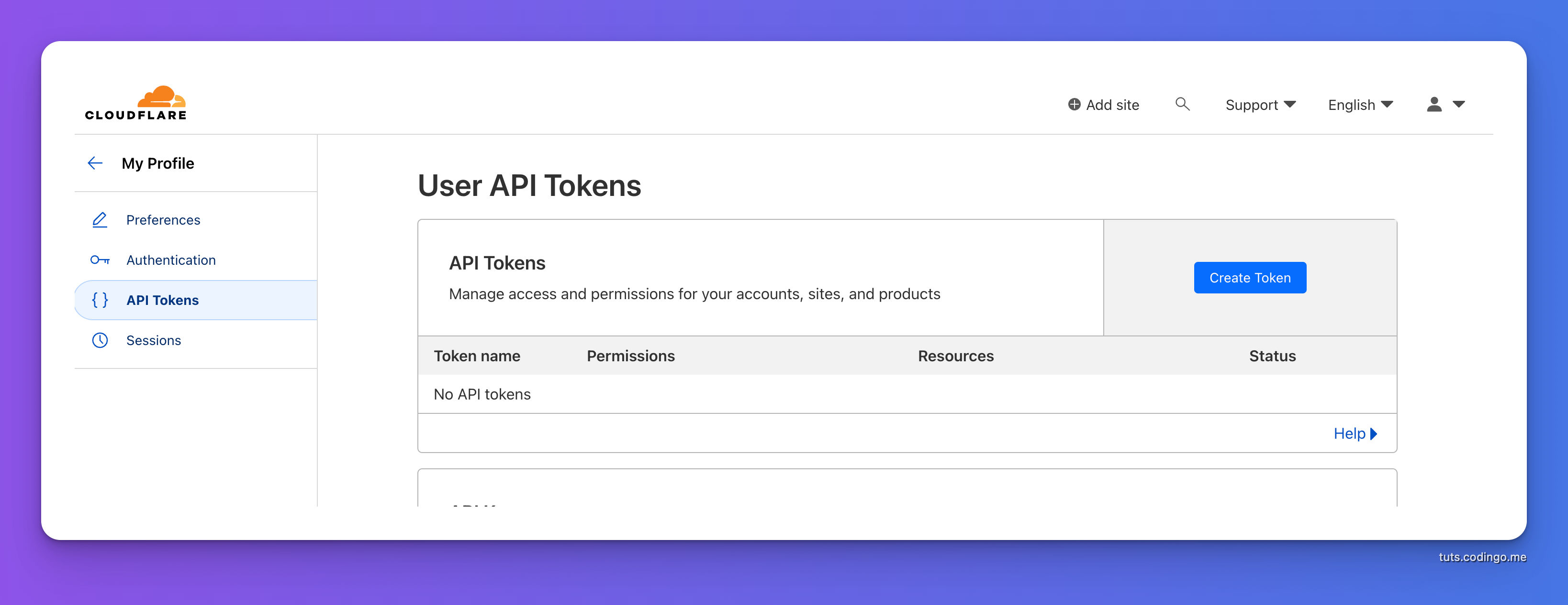 User API tokens Page