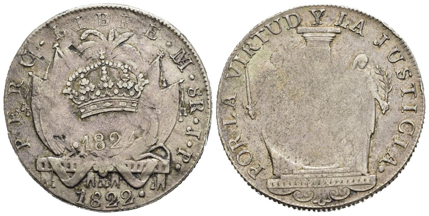 8 reales Perú Libre año 1822 resello de España año 1824