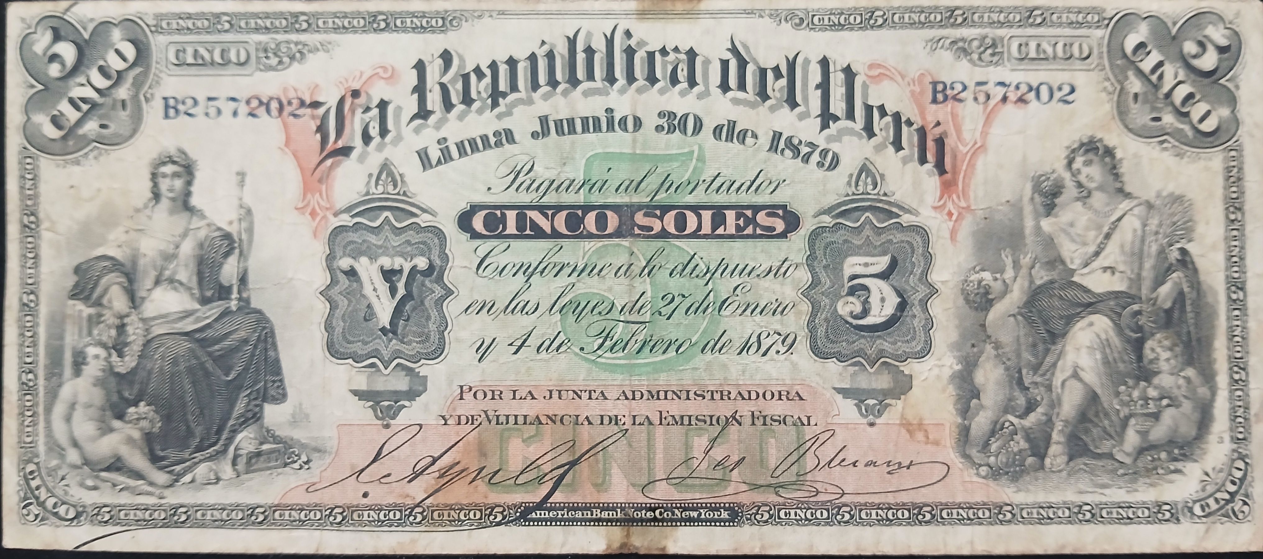 Billete Cinco Soles año 1879 Guerra del Pacífico