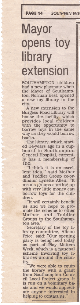 A newspaper clipping about Community Playlink with the headline 'Mayor opens toy library extension'