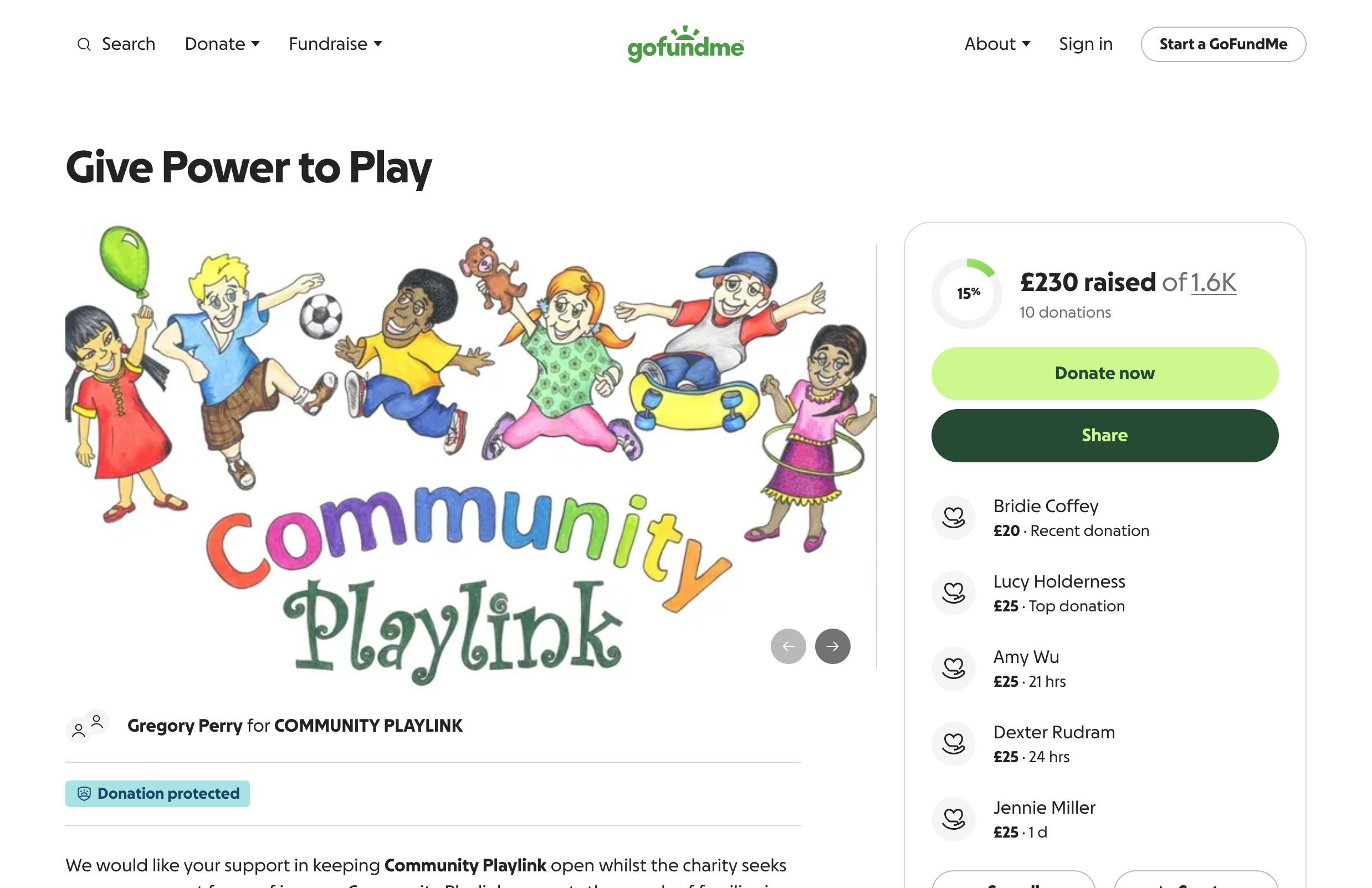 Screenshot of the Save Community Playlink GoFundMe fundraiser