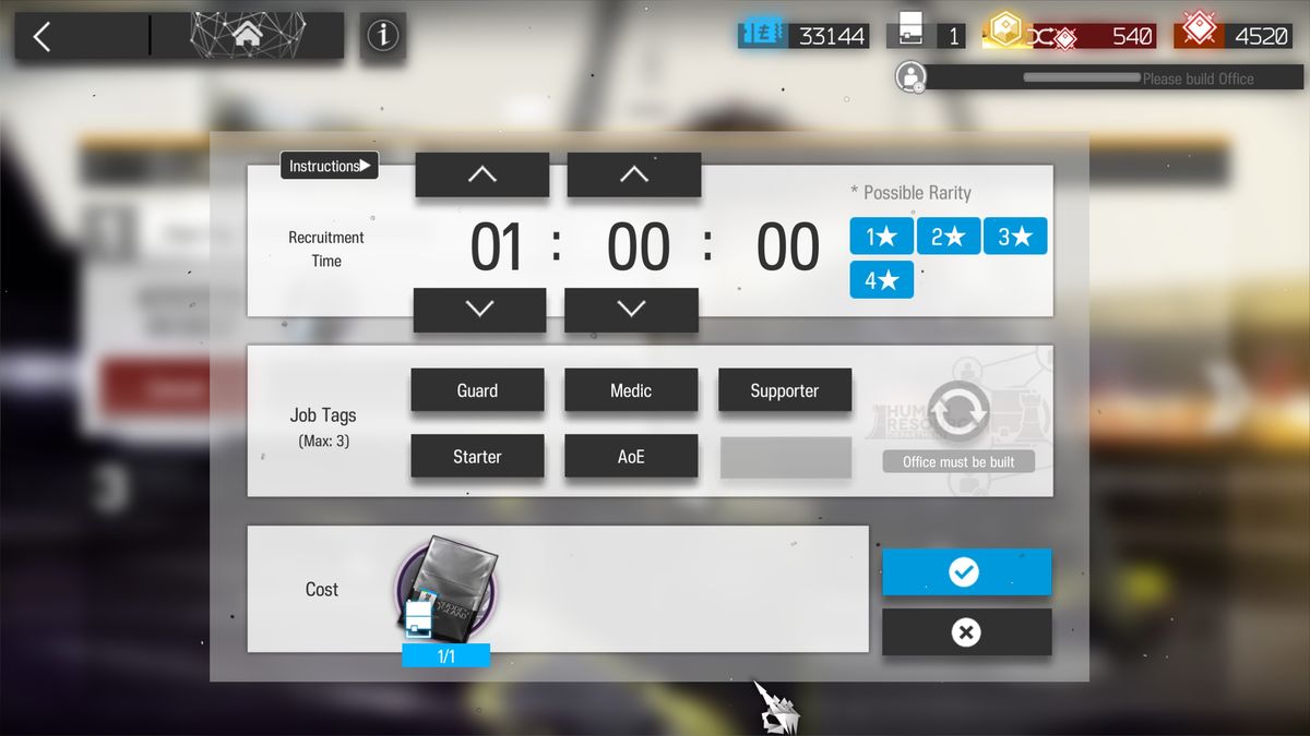 The Arknights recruitment panel with the hiring timer set to one hour, a row of job tags such as class and quality selected below it, and the confirm button highlighted.