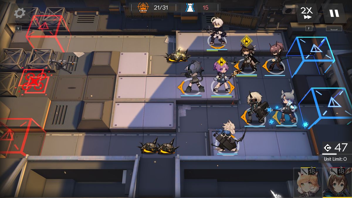 A stage in progress in Arknights on the PC client: operators deployed across a tiled map with enemy path markers running through it, the deployment bar along the bottom edge and the speed and pause controls in the top corner, all readable at once on a widescreen monitor.