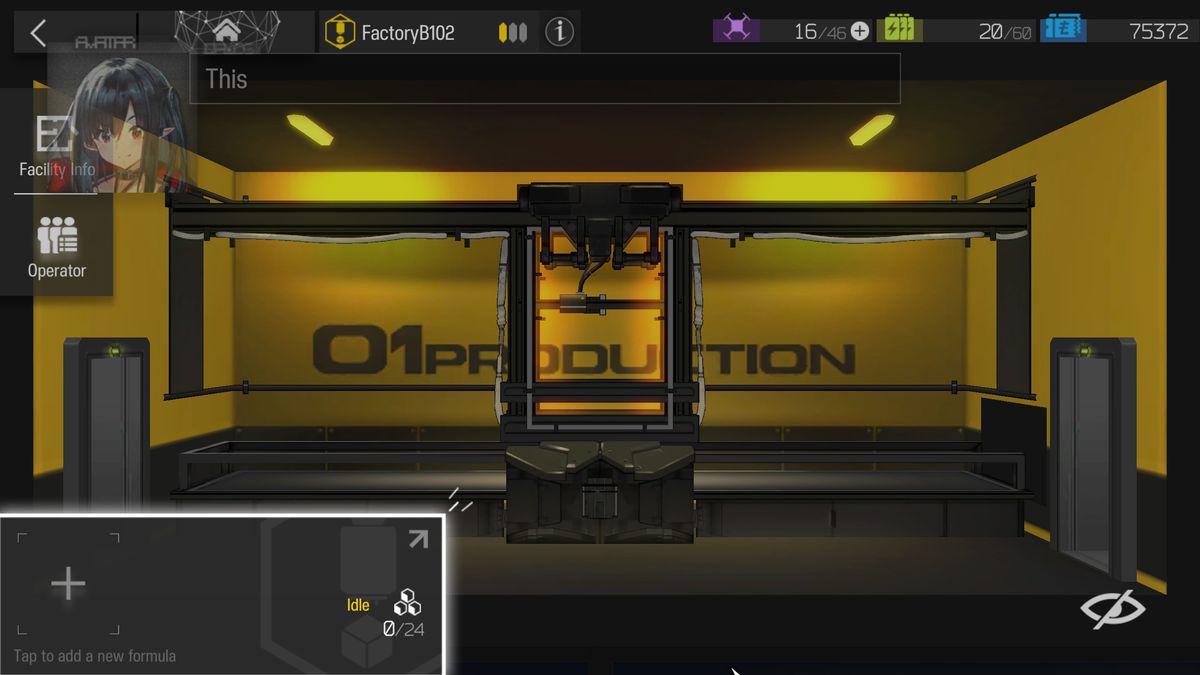 A production room inside the Arknights RIIC base, labelled Factory 01, shown as a lit industrial interior with machinery along the back wall and an empty operator slot waiting to be staffed.