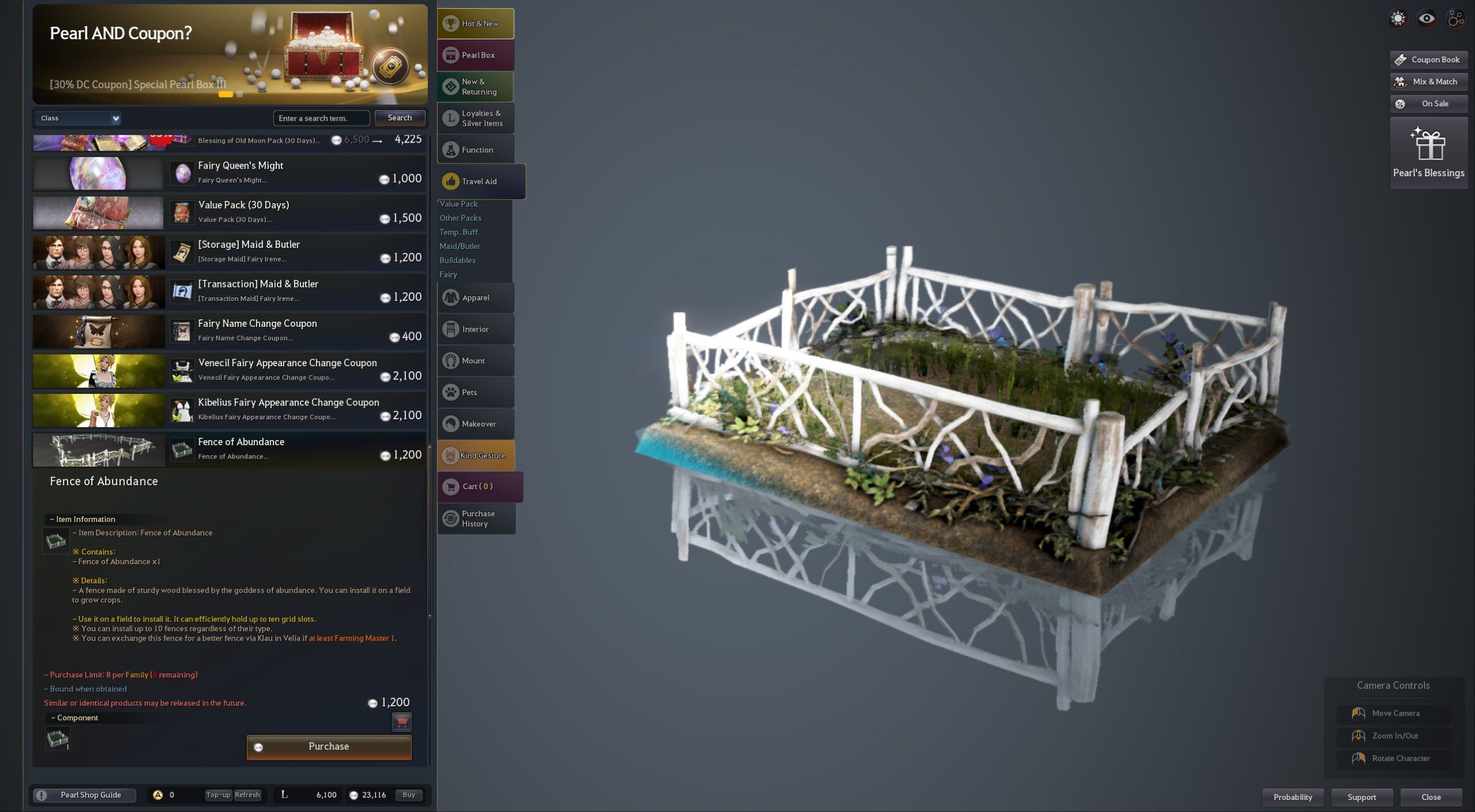 Black Desert Pearl Shop entry for the Fence of Abundance showing its price and the limit of eight per family