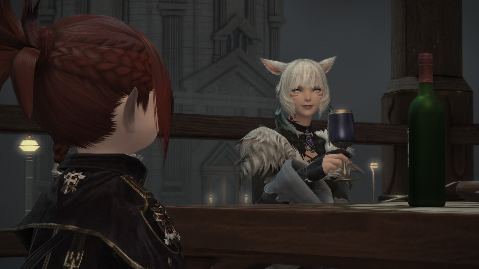 Final Fantasy XIV running on Fedora, Y’shtola sitting at a tavern bar with a glass of wine