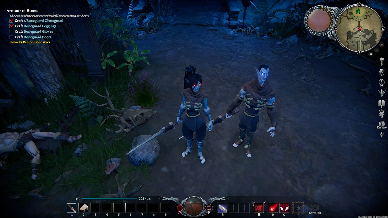 V Rising running on Fedora, two vampire characters beside a bone-armour crafting panel