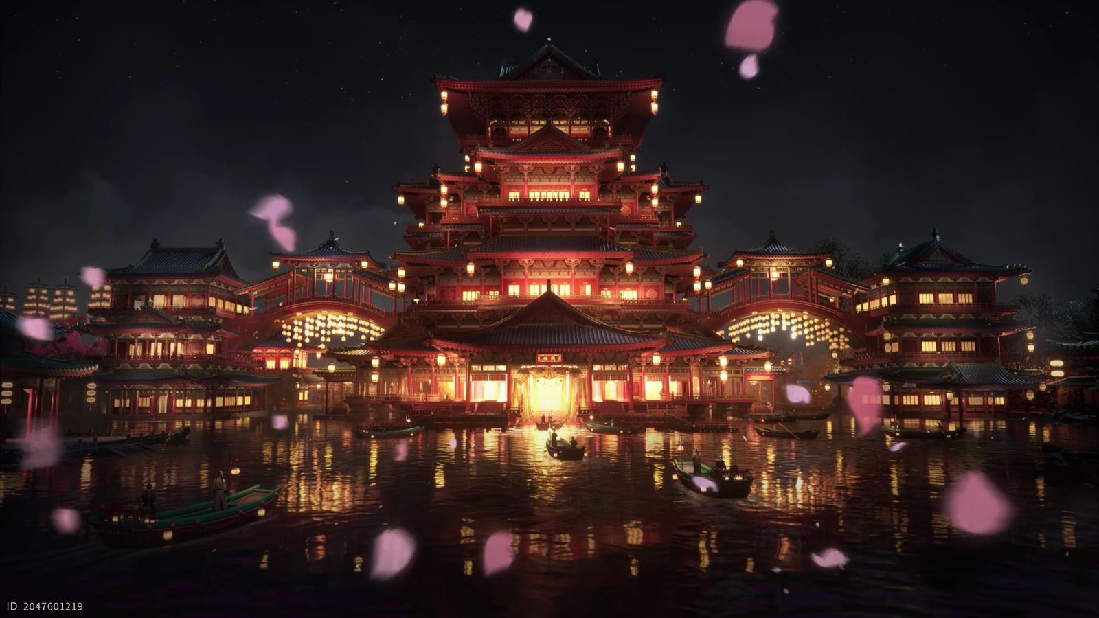 Where Winds Meet running on Fedora, a lantern-lit pagoda reflected in dark water at night