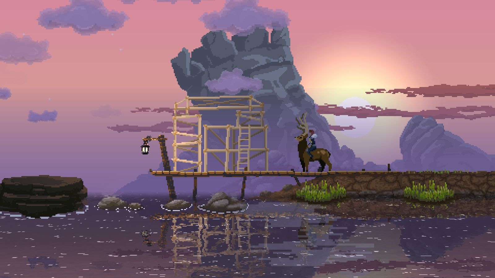 Kingdom Two Crowns running on Fedora, the monarch riding along a wooden pier at sunset
