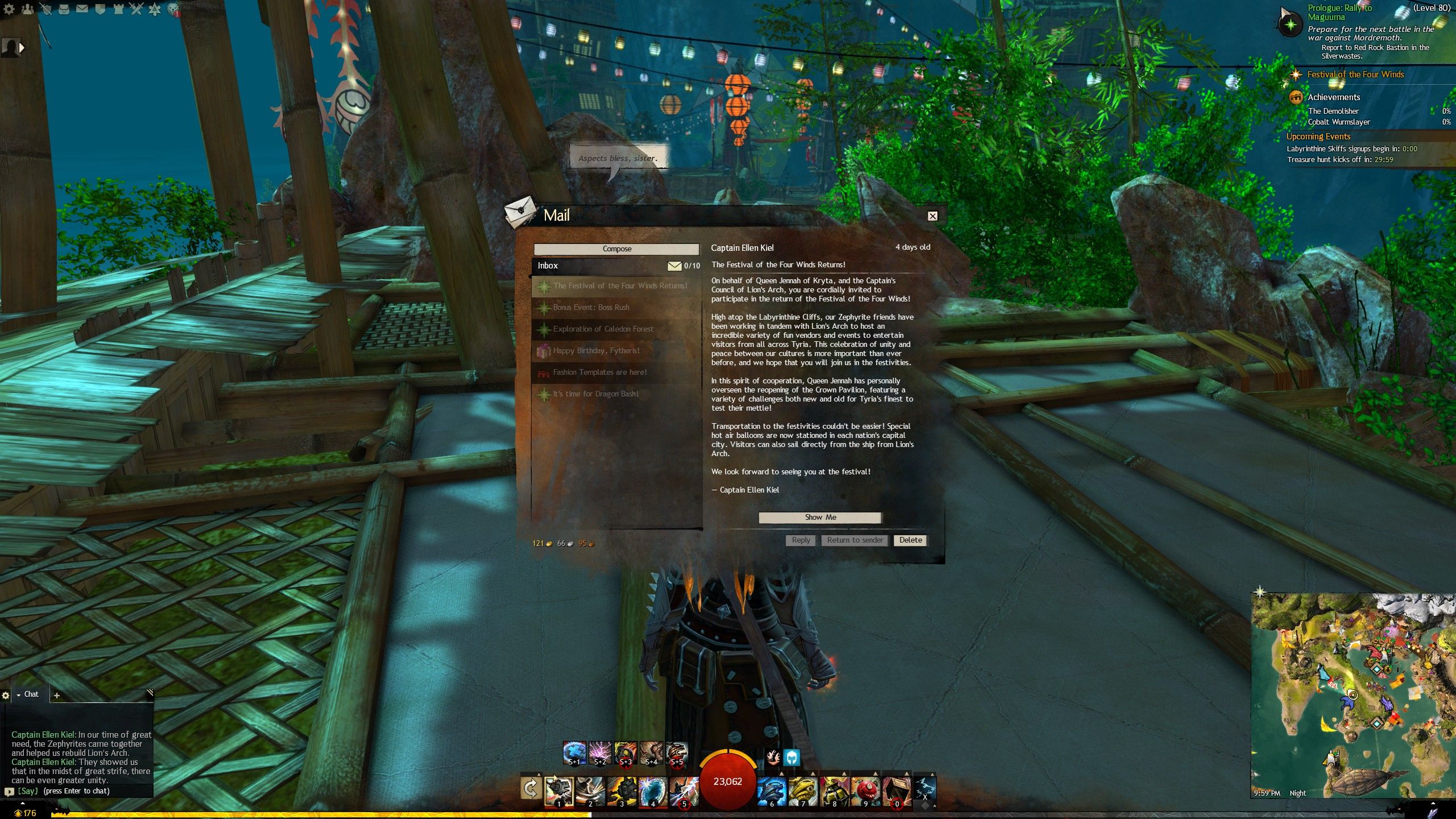 The Guild Wars 2 mail window showing Captain Ellen Kiel's Festival of the Four Winds invitation