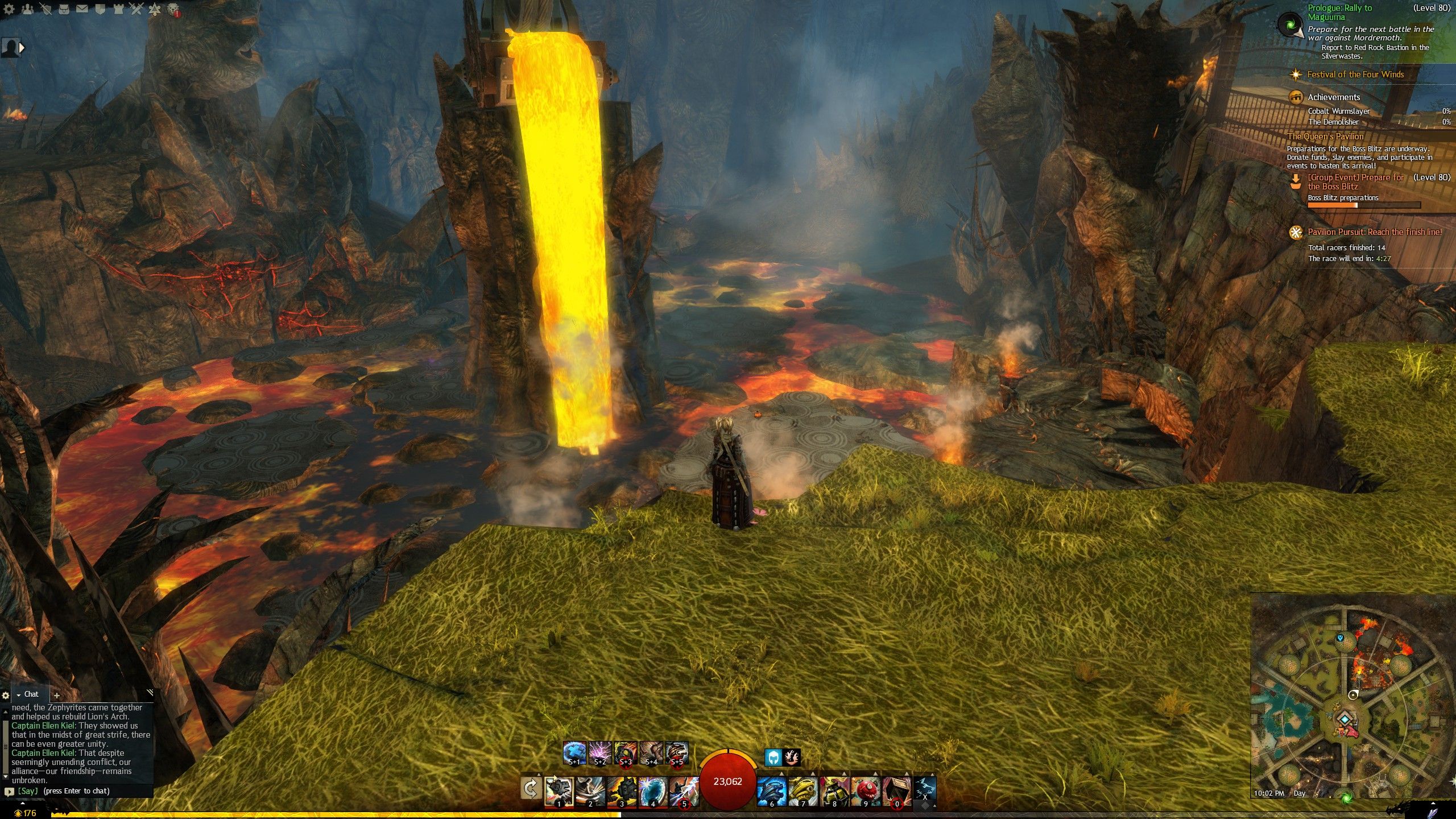 A lava field below the Crown Pavilion in Guild Wars 2, with a Pavilion Pursuit race running