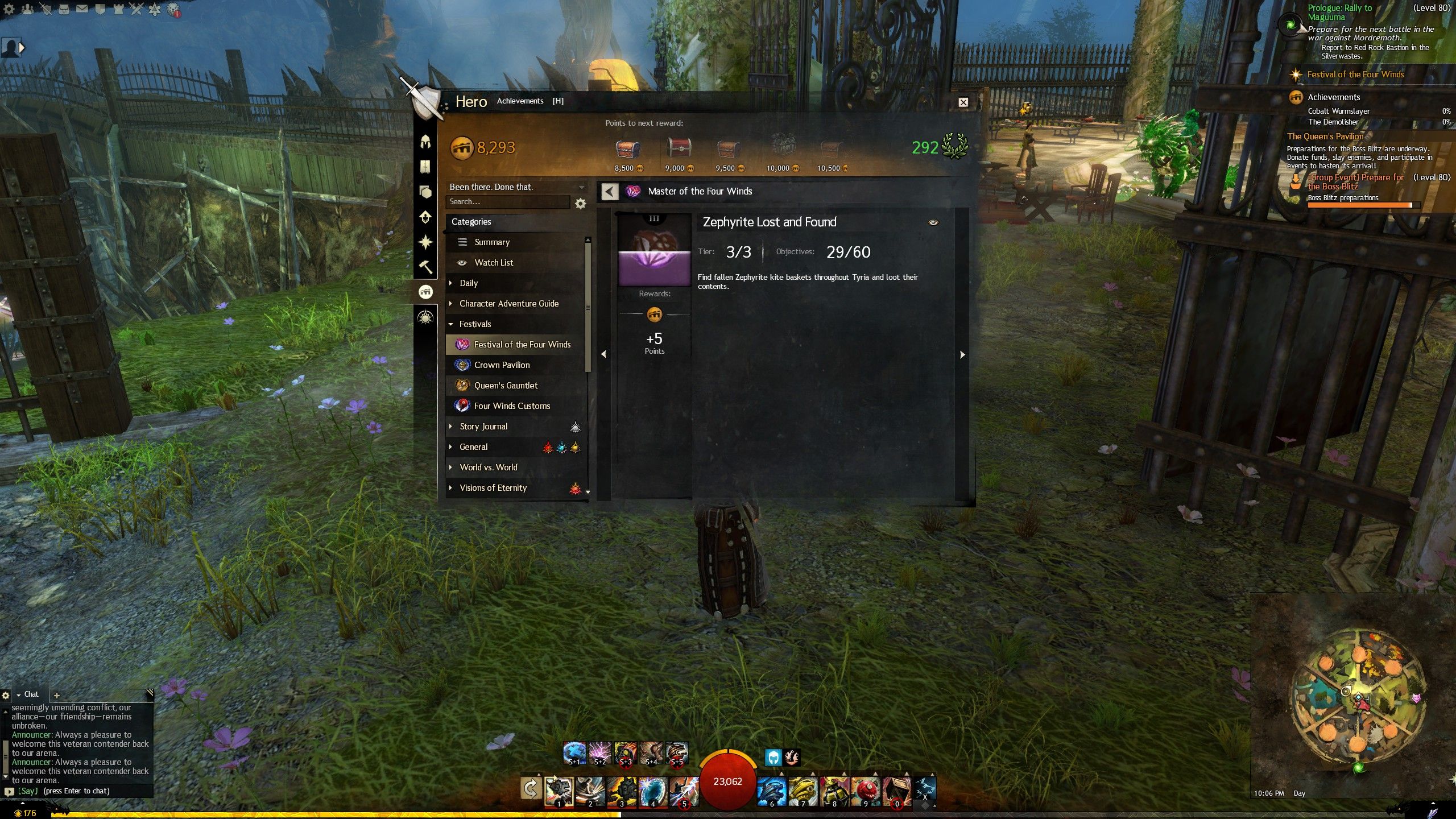 The Zephyrite Lost and Found achievement in Guild Wars 2 showing 29 of 60 kite baskets looted