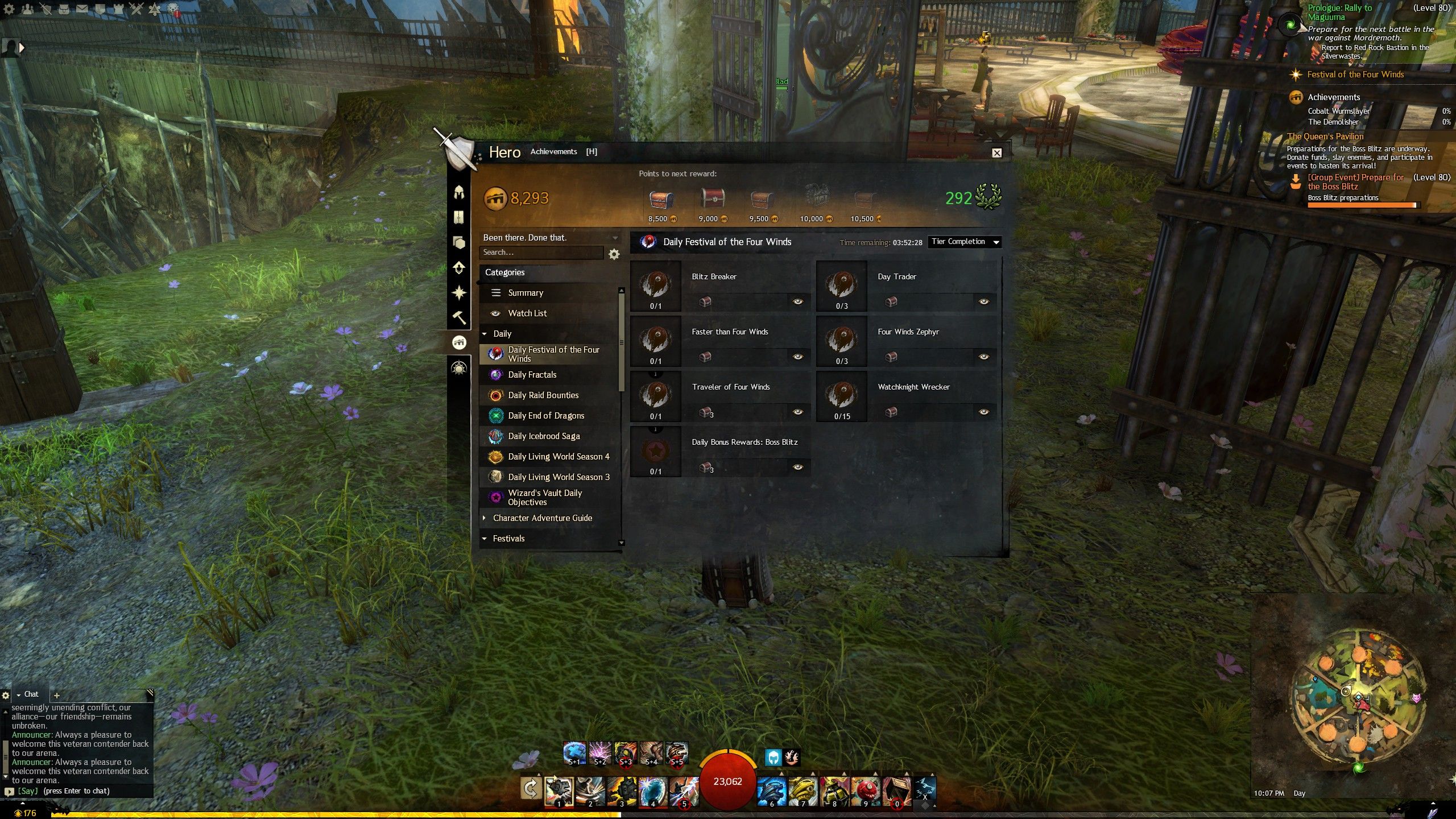 The Daily Festival of the Four Winds achievement panel in Guild Wars 2 showing seven daily objectives