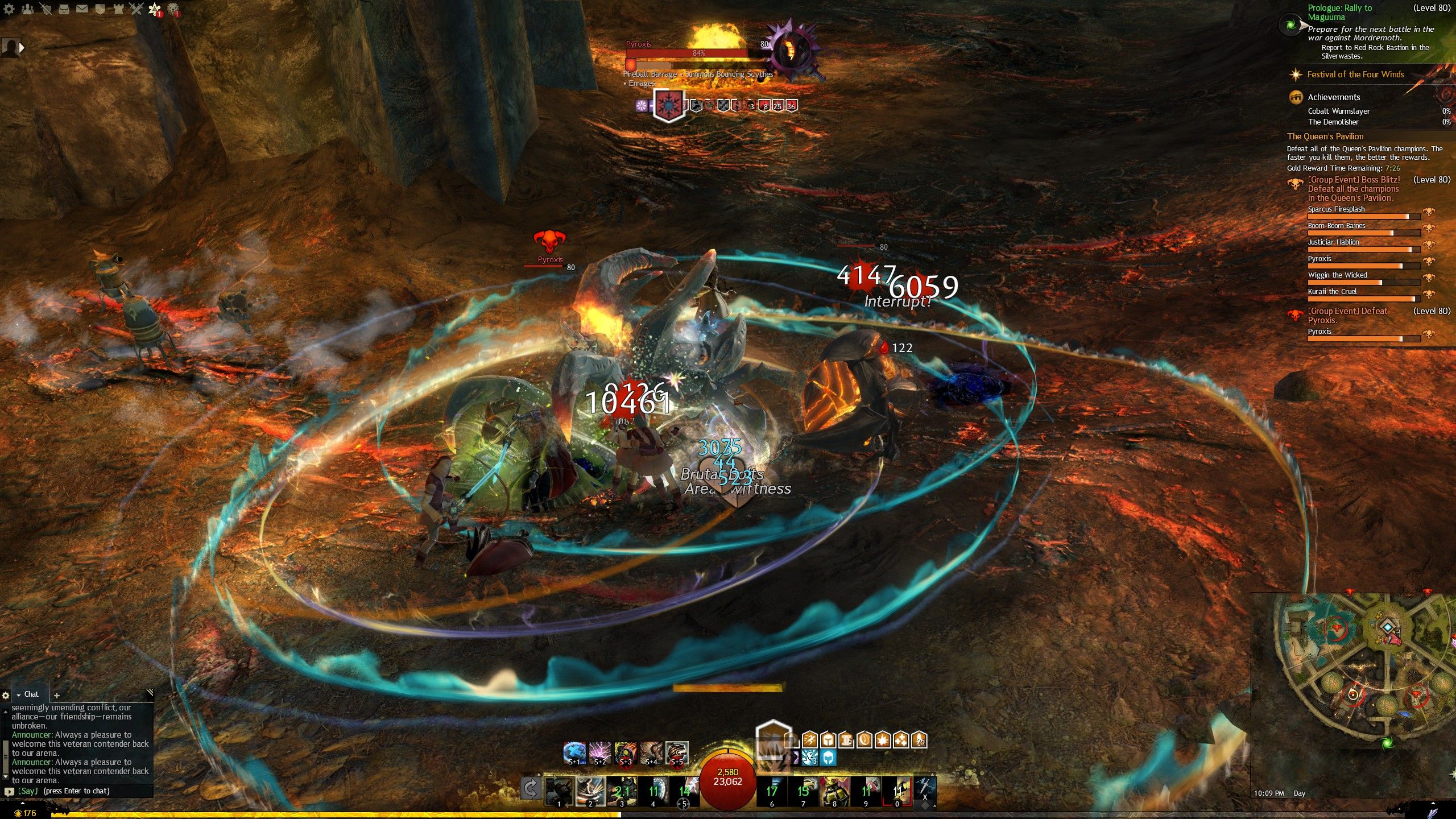 Boss Blitz in the Crown Pavilion with all six champion health bars and the gold reward timer visible