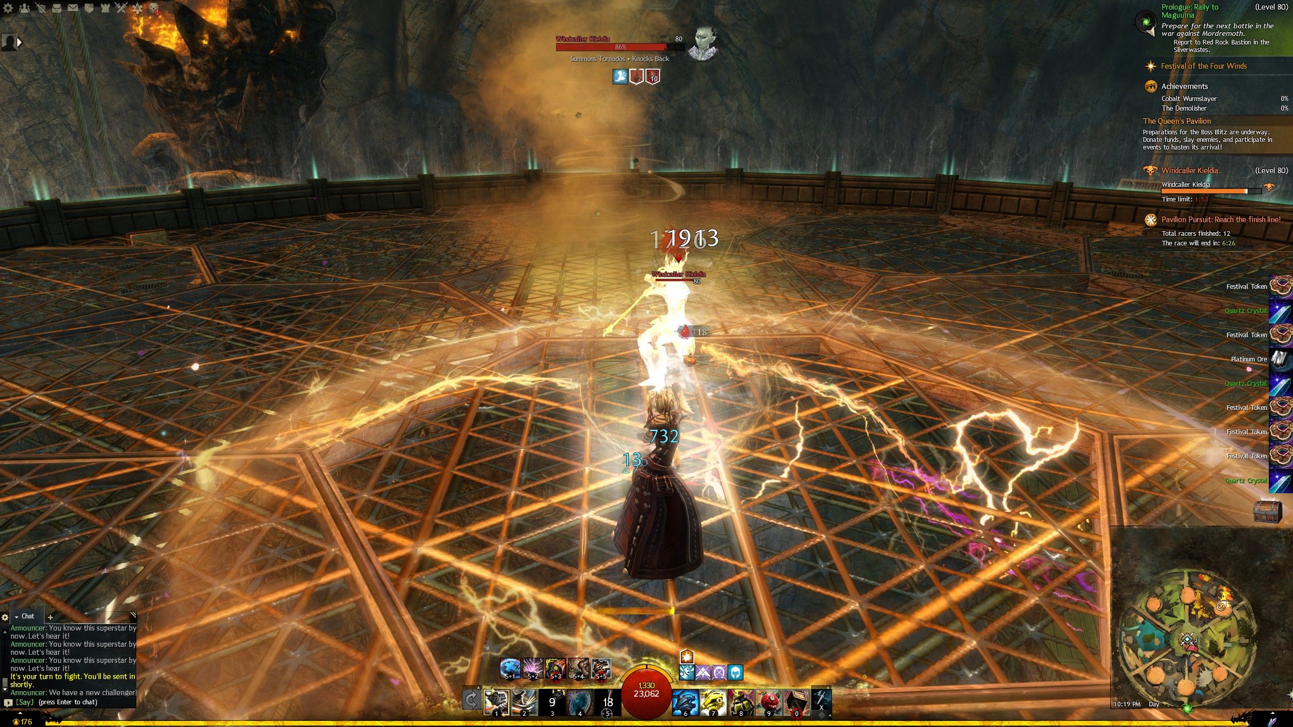 A Queen's Gauntlet duel against Windcaller Kieldia in Guild Wars 2, with her name plate hint visible
