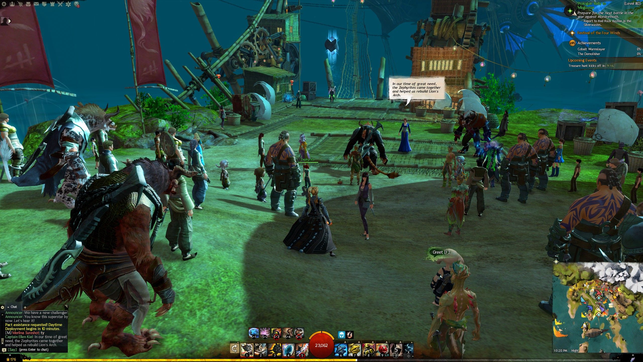 Players gathered at the Bazaar Docks on the Labyrinthine Cliffs in Guild Wars 2 at night