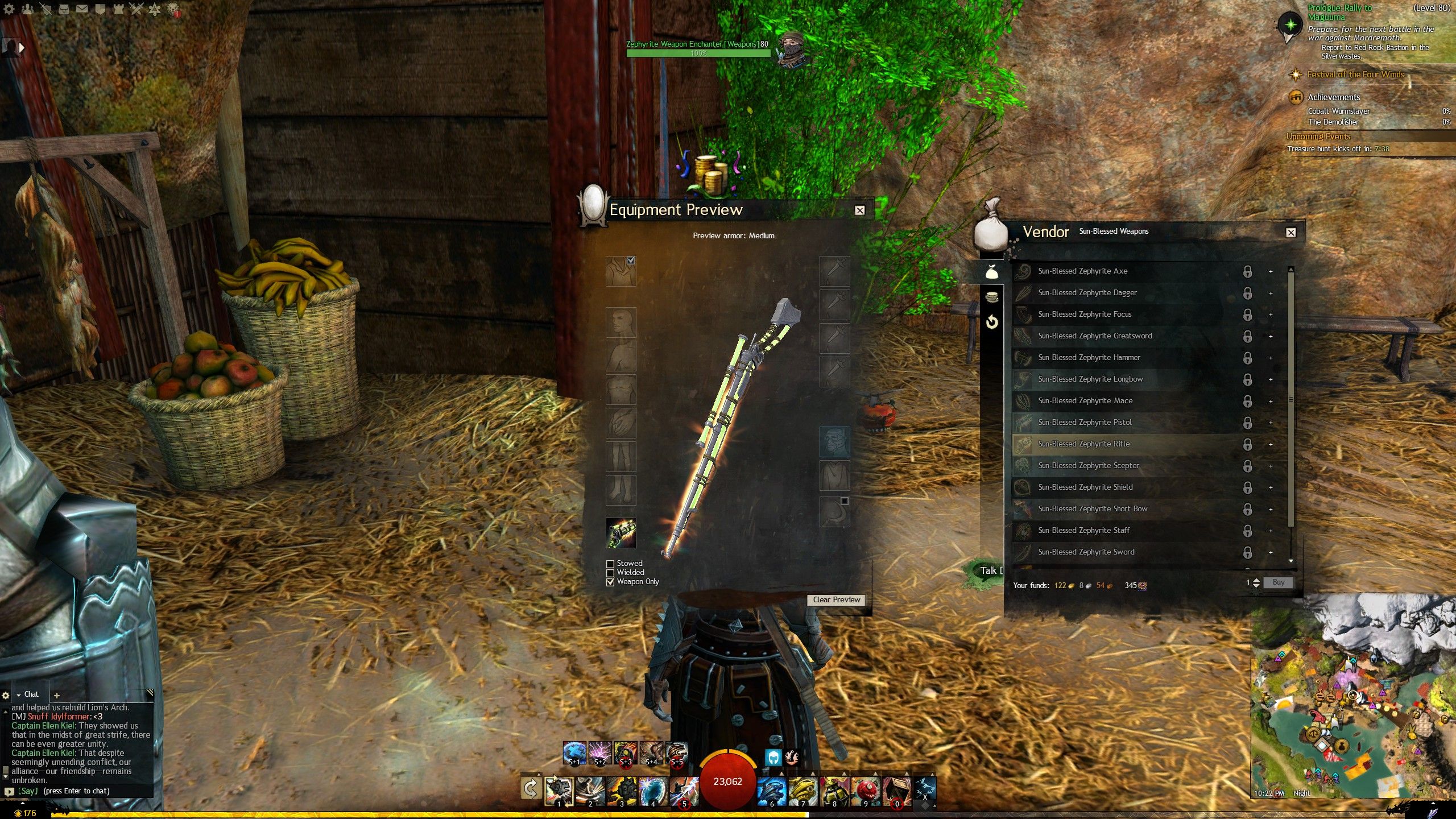 The Zephyrite Weapon Enchanter's Sun-Blessed Weapons vendor window in Guild Wars 2, every entry locked