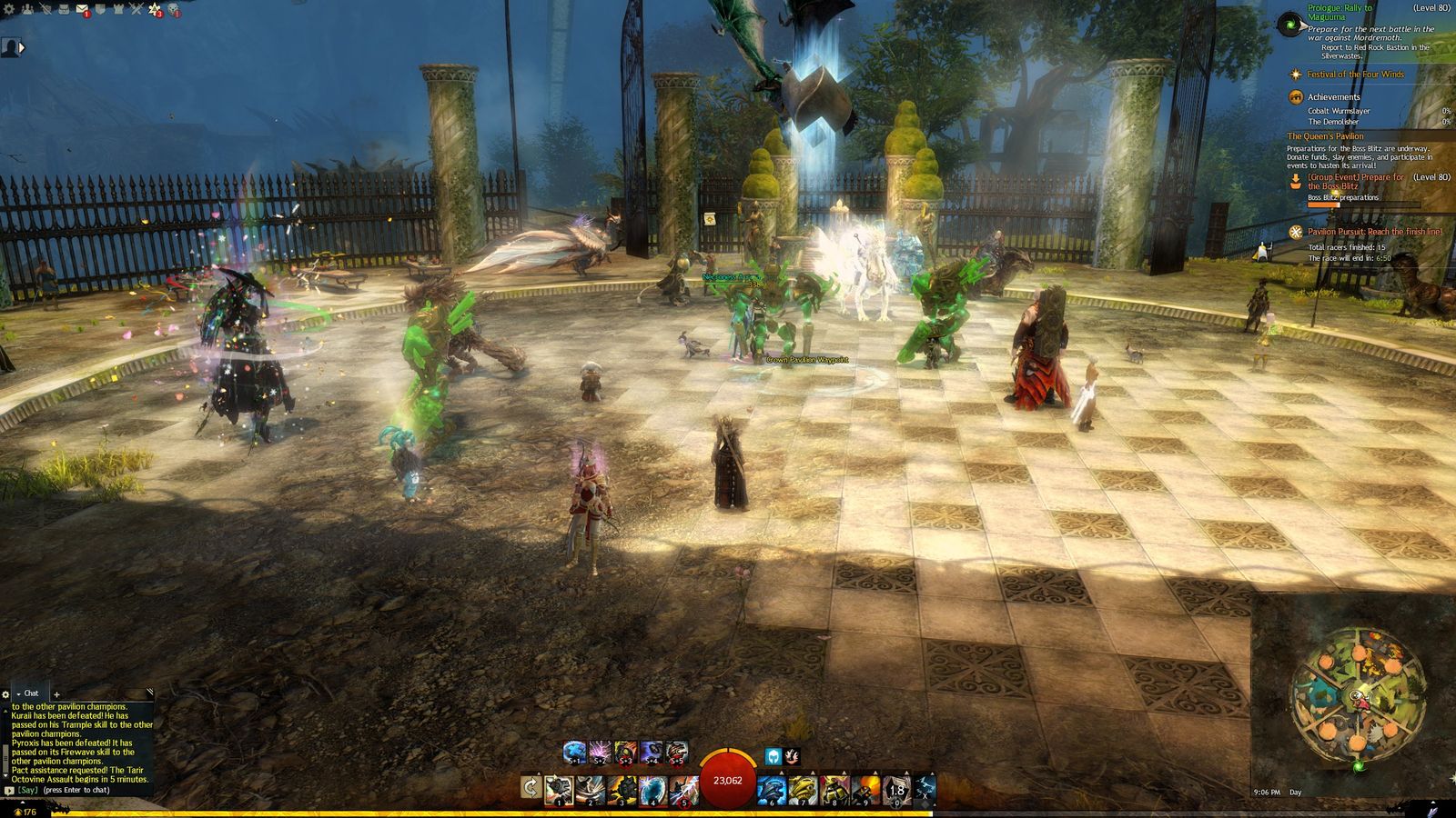 Guild Wars 2 players gathered on a tiled plaza during an open-world event