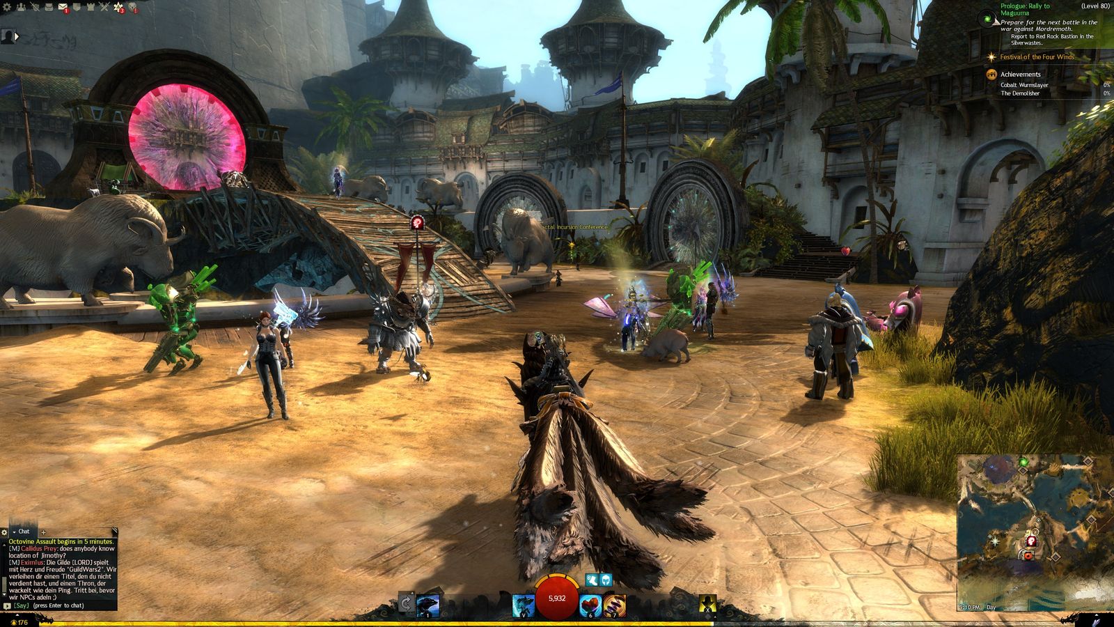 Guild Wars 2 players and their mounts gathered in a desert town hub