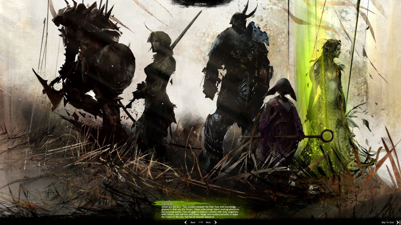 The Guild Wars 2 character creation race selection screen, showing concept art of all five playable races side by side, with the Sylvari description highlighted along the bottom of the screen