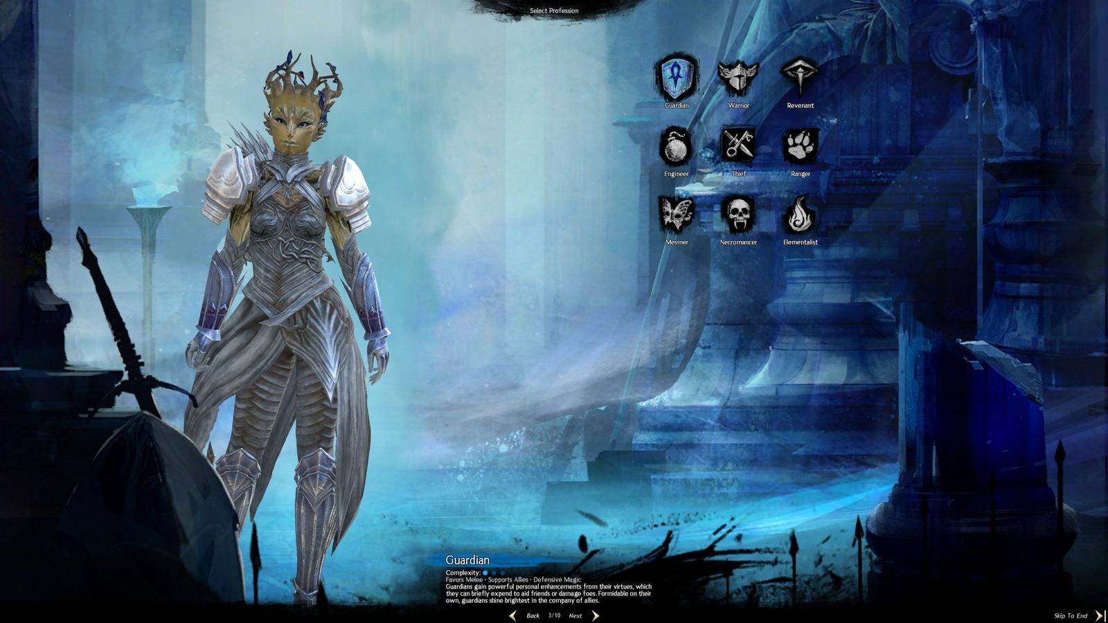 The Guild Wars 2 profession selection screen with all nine profession icons arranged in a grid, a character in heavy plate armour standing beside them, and the Guardian description and complexity rating shown below