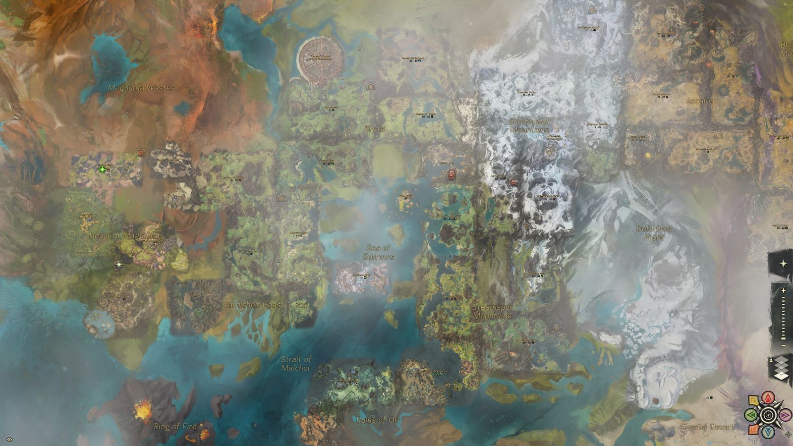 The full Guild Wars 2 world map zoomed out to show the whole of Tyria at once, with named regions including Kryta, the Shiverpeak Mountains, the Maguuma Wastes and the Ruins of Orr spread across the continent