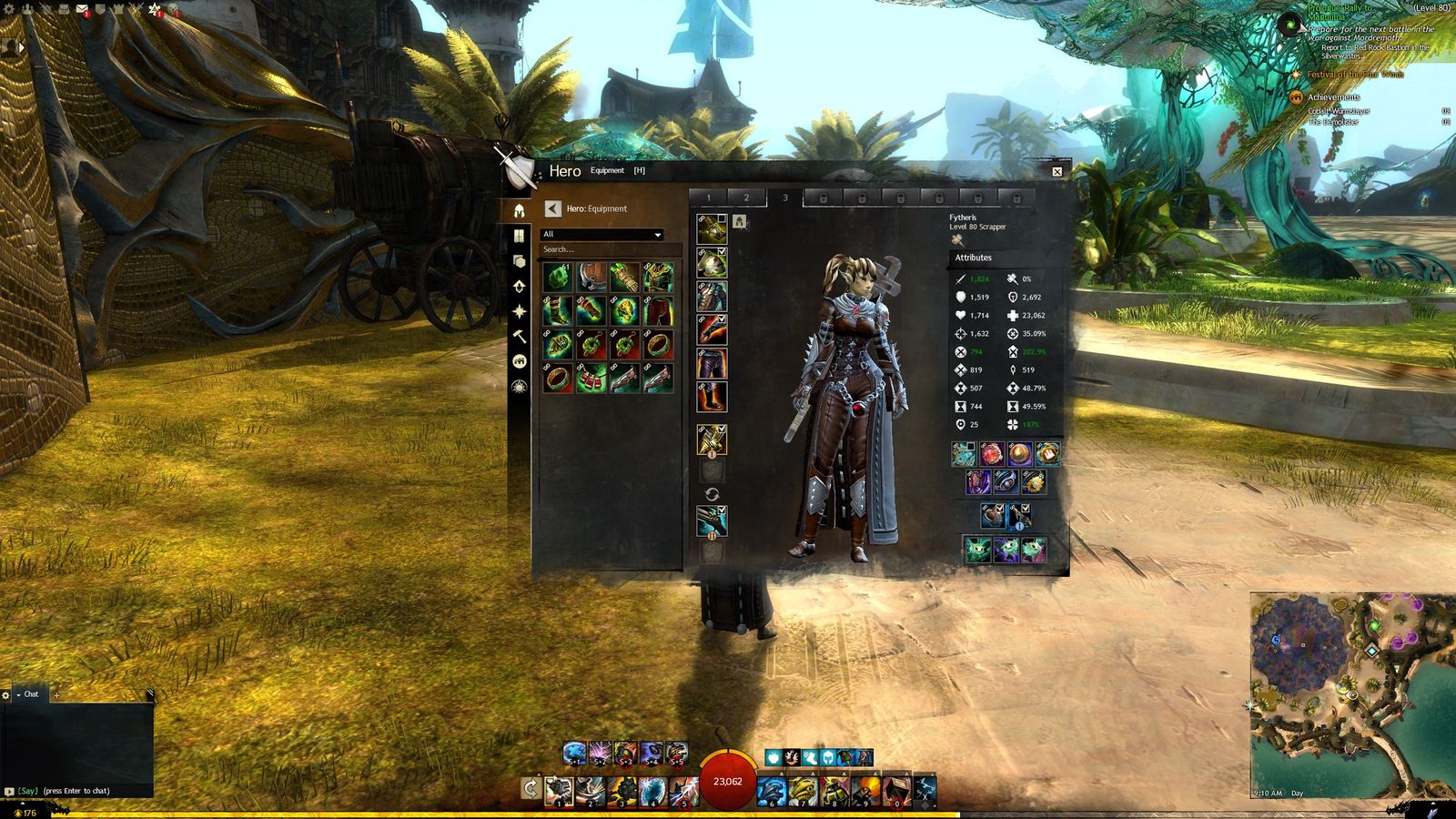 The Guild Wars 2 hero panel open on the equipment tab, showing a level 80 Scrapper’s armour and weapon slots down the left and the attribute values those pieces add up to listed on the right