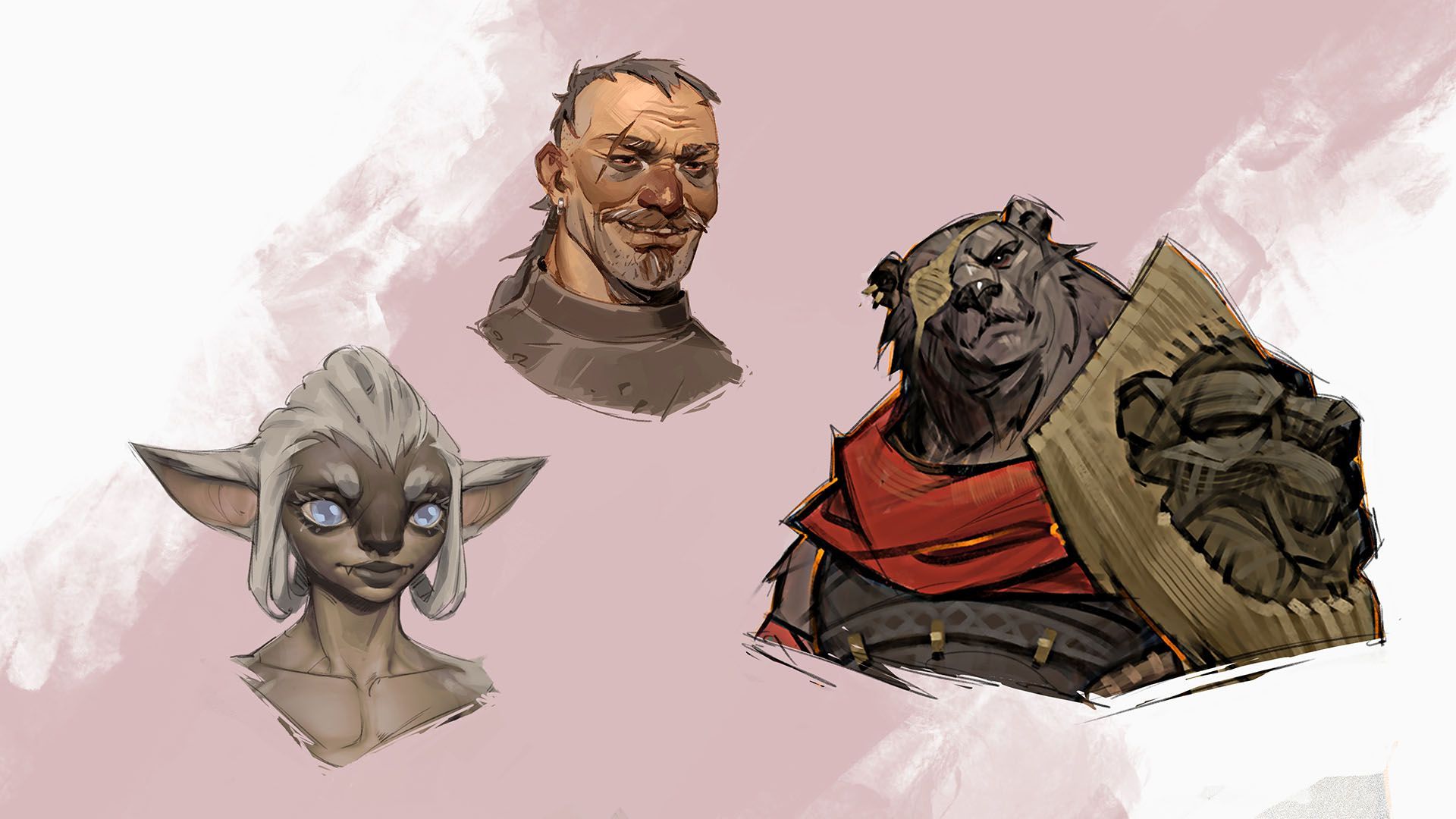Guild Wars 3 concept art — the three confirmed playable species side by side: a human, an asura and a kodan.