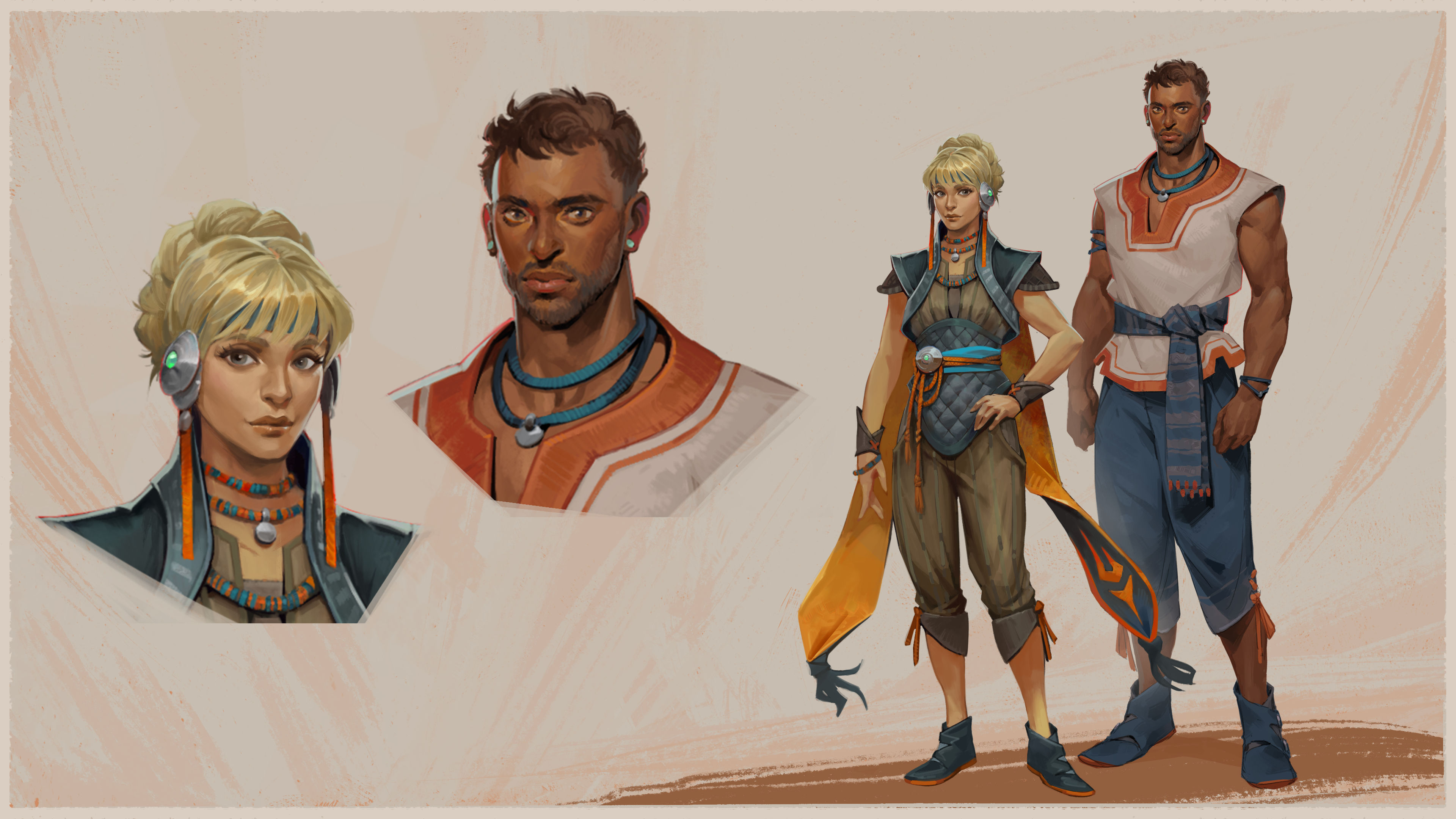 Guild Wars 3 concept art — a male and female human, shown as portraits alongside full-body views in flowing blue, white and orange attire.