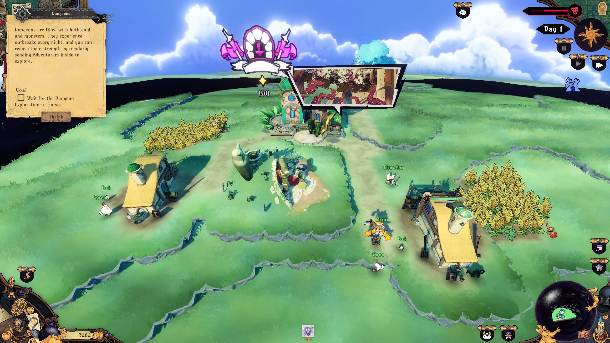 The town and overworld map in Gold Gold Adventure Gold on Day 1, with a dungeon tutorial popup open and adventurers wandering between buildings