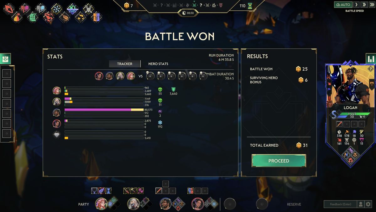 The Guildrun post-battle screen showing a damage tracker with one hero at 80,573 damage, a results panel paying 25 gold for the win plus a surviving hero bonus, and a hero card for Logan on the right
