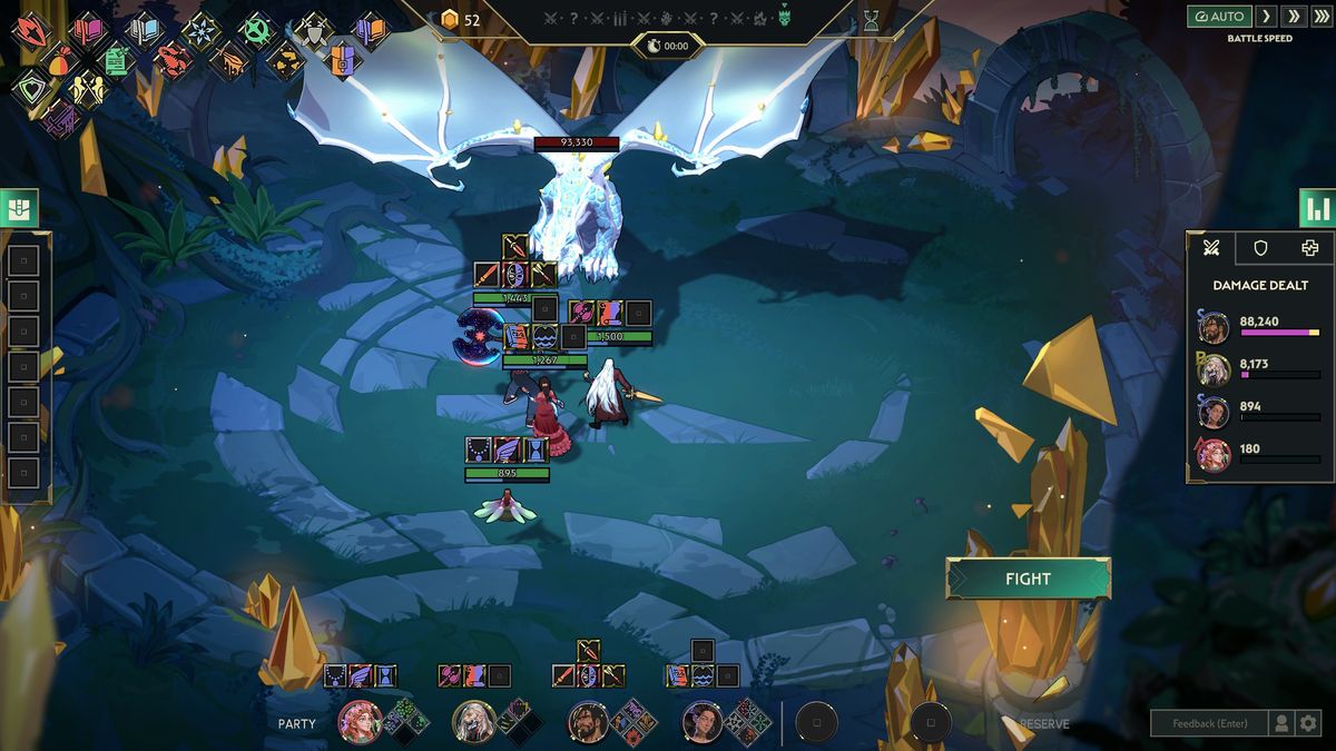 The Guildrun demo before a boss round: a party of four positioned against a crystal dragon with 93,330 health, the FIGHT button waiting on the right and two empty reserve slots on the party bar