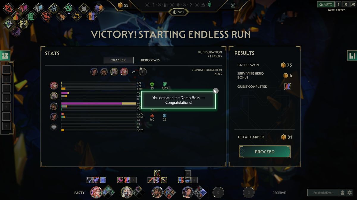 The Guildrun victory screen reading Victory! Starting endless run, with a run duration of 7 minutes 45.8 seconds, a combat duration of 21.8 seconds and a results panel listing a completed quest