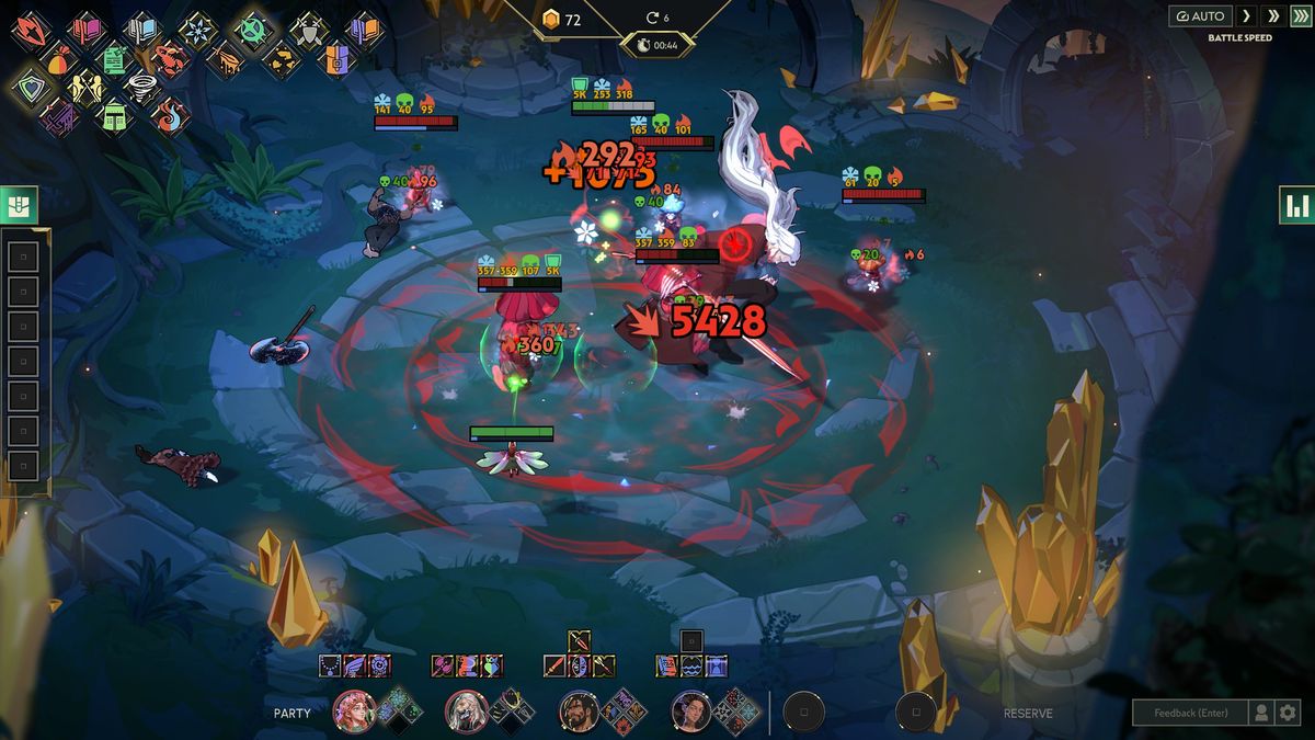 A Guildrun fight in progress with a red area-of-effect ring covering most of the arena and a 5,428 damage number over an enemy
