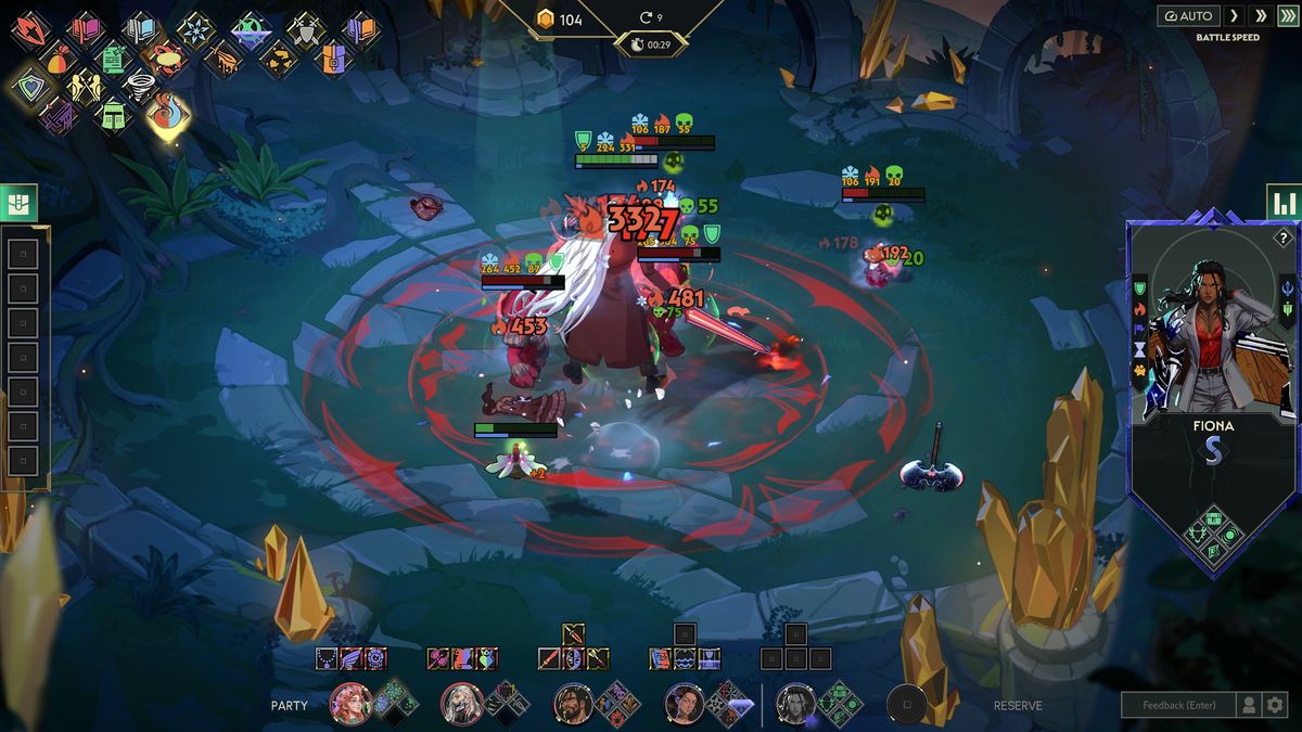 A Guildrun hero card for Fiona showing an S rank next to her portrait during a fight, with a five-slot party bar along the bottom