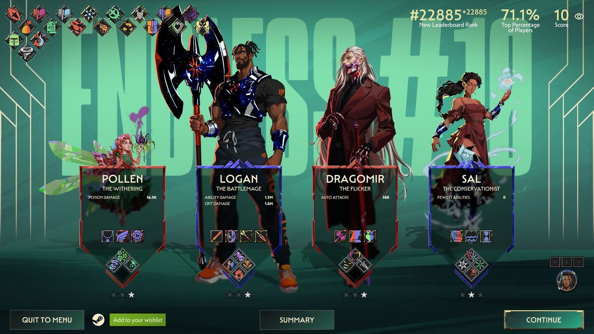 The Guildrun end-of-run summary awarding each hero a title based on their own numbers: Pollen the Withering with 16.5K poison damage, Logan the Battlemage with 1.6M crit damage, Dragomir the Flicker with 388 auto attacks and Sal the Conservationist with zero abilities used