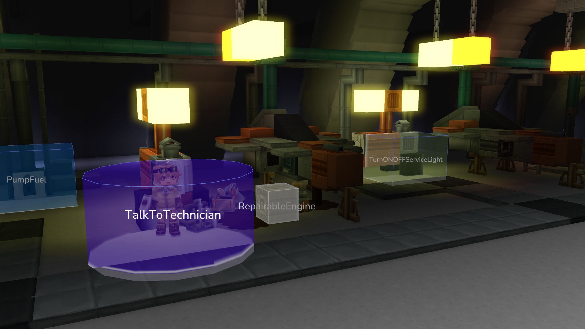 Trigger Volumes in a Hytale workshop scene, drawn as translucent coloured boxes labelled PumpFuel, TalkToTechnician, RepairableEngine and TurnONOFFServiceLight