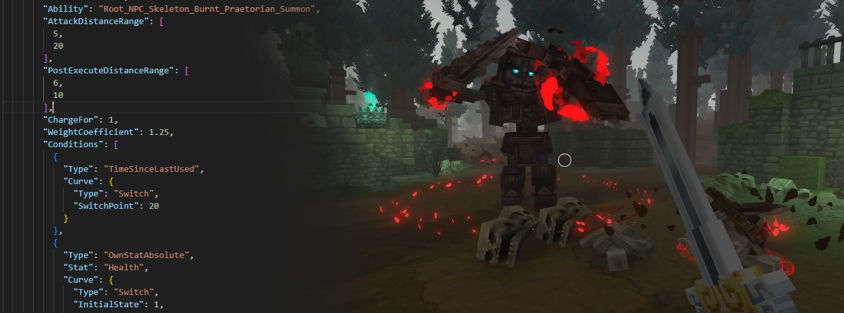 Hytale NPC behaviour configuration shown as JSON, with fields for ChangeOver, WeightCoefficient and Conditions over a dark scene
