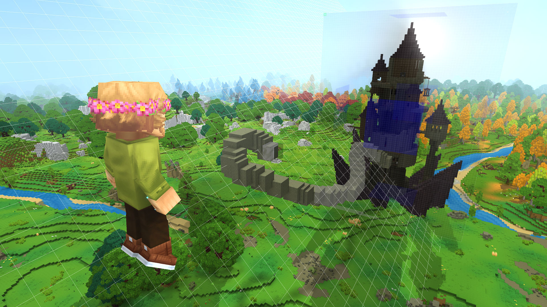 A wide Hytale landscape with a river, autumn trees and built structures, seen from the air in Creative Mode