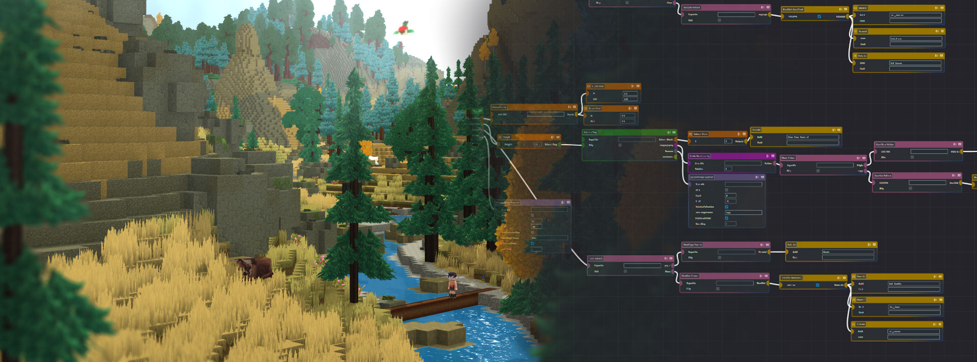 Hytale’s world generator: a voxel landscape on the left, the node graph editor wired up on the right