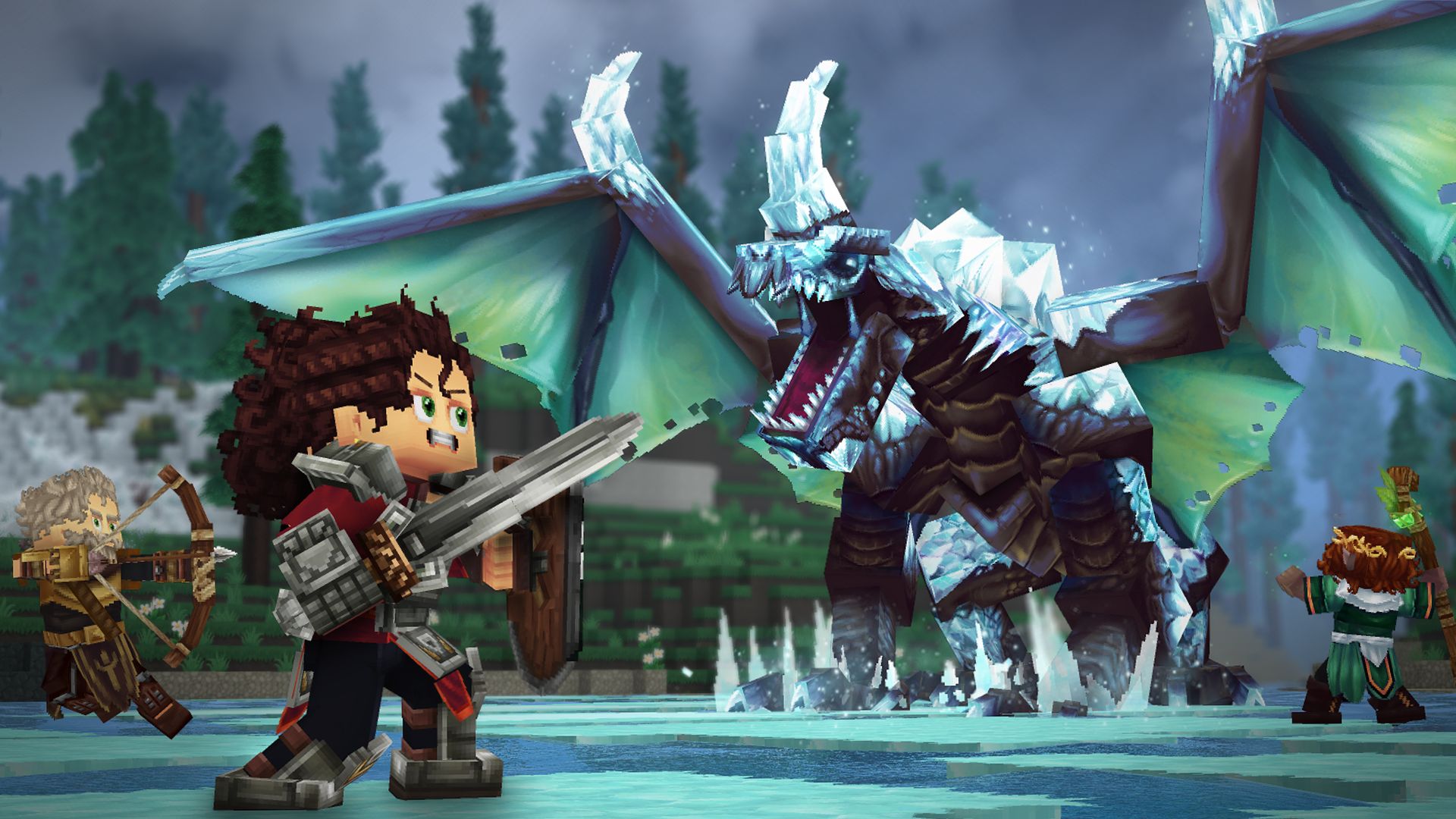 A party of Hytale characters fighting a large skeletal ice dragon across a frozen lake