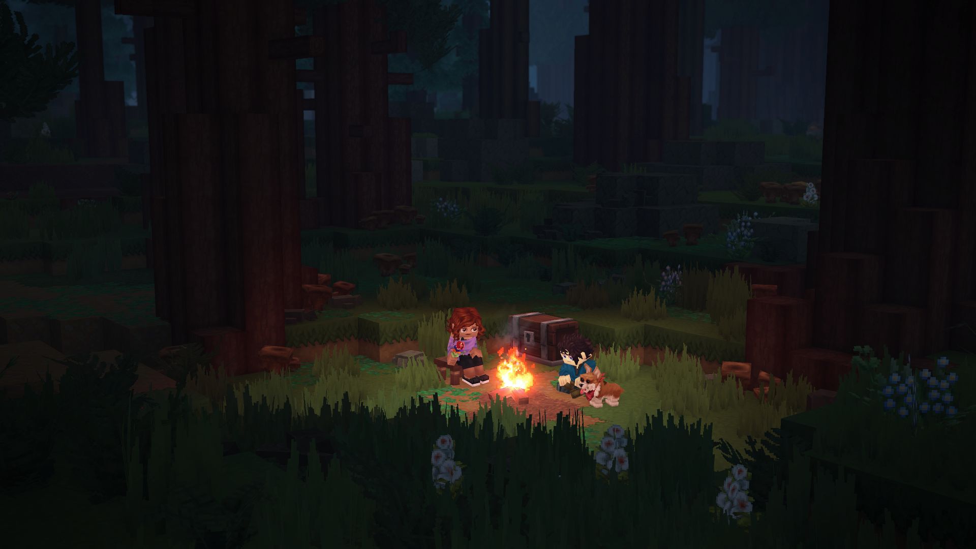 Hytale characters gathered around a campfire at night in a dense forest of tall trees, rabbits nearby